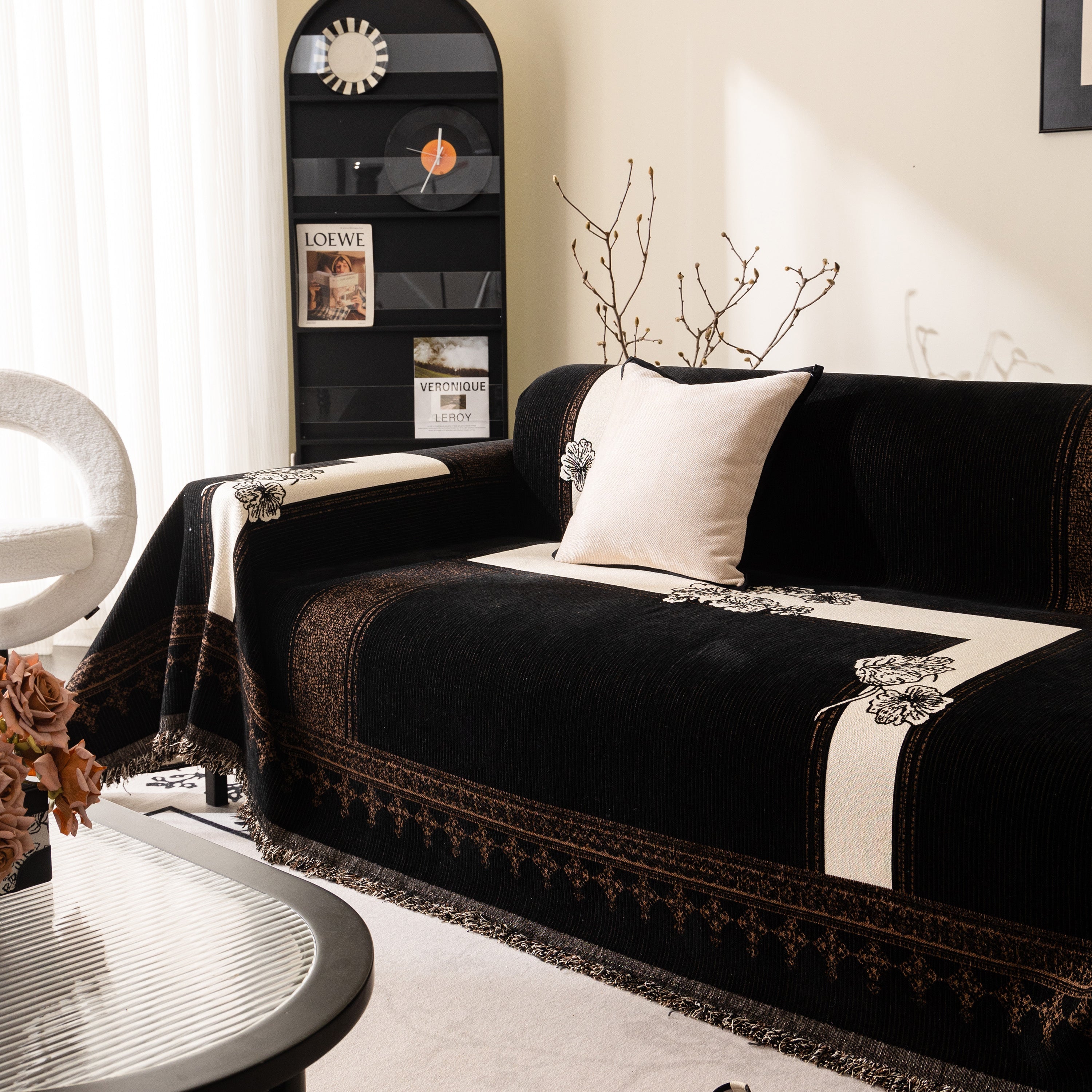 Jacquard Floral Band Sofa Cover With Tassels, Thick Textured Couch Throw Blanket