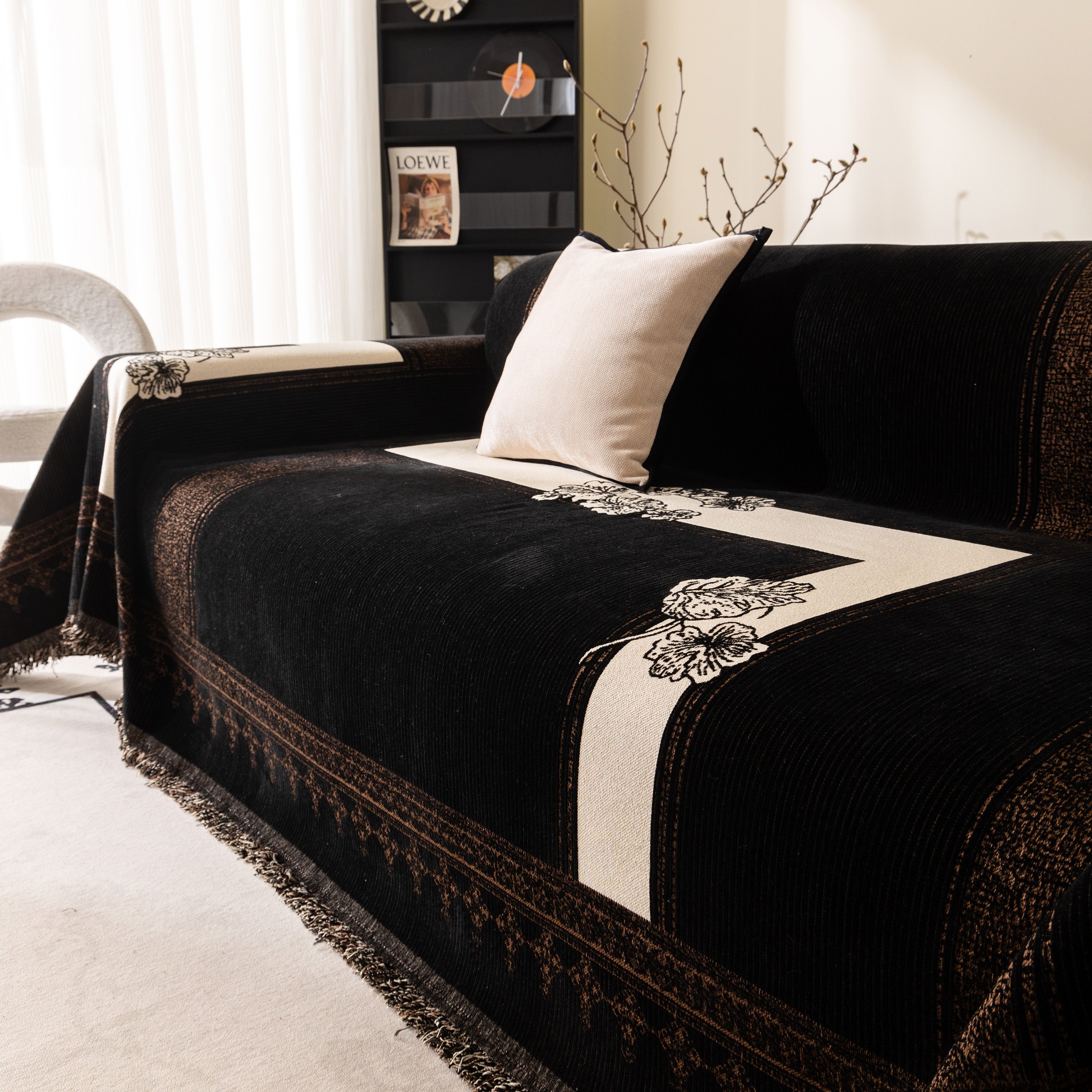 Jacquard Floral Band Sofa Cover With Tassels, Thick Textured Couch Throw Blanket