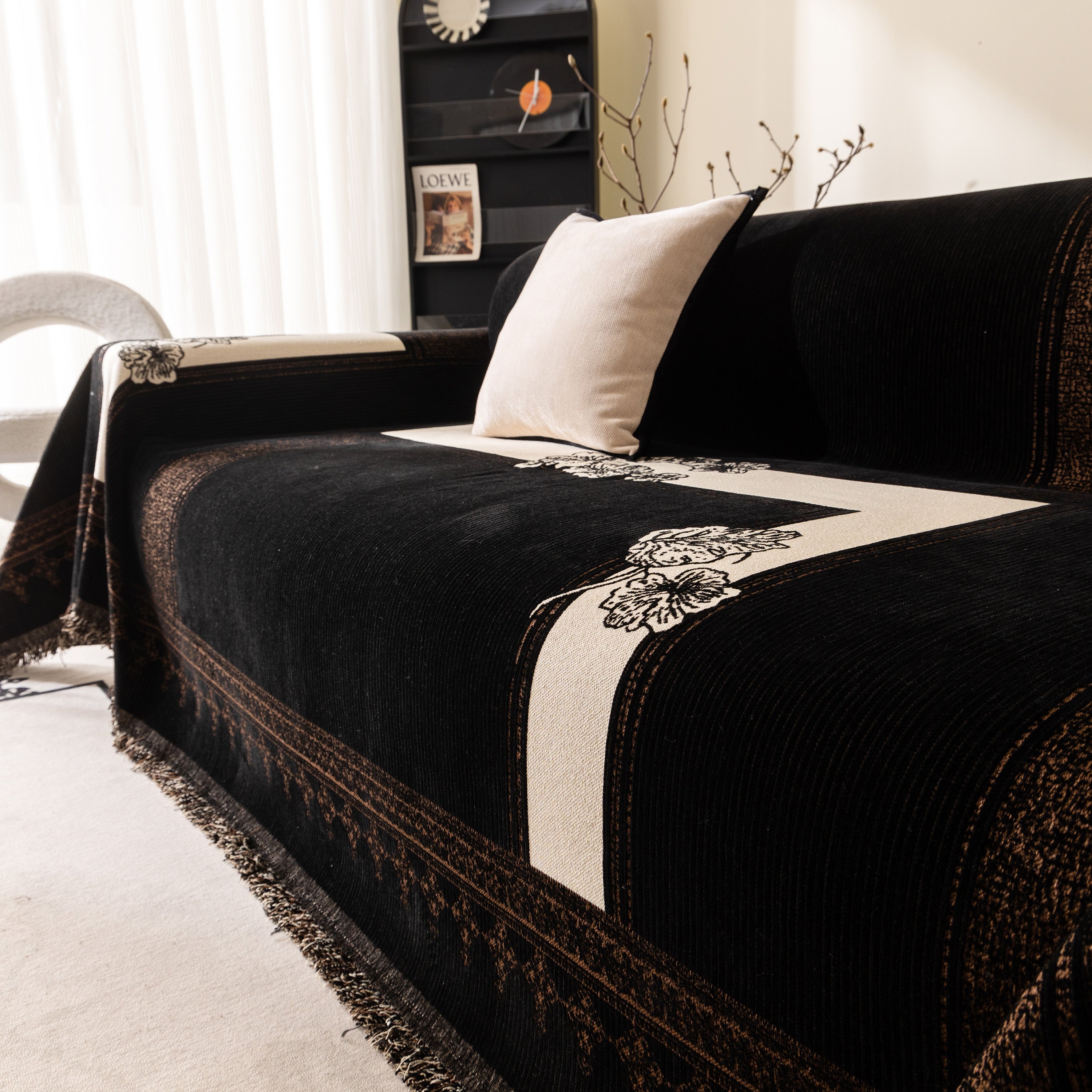 Jacquard Floral Band Sofa Cover With Tassels, Thick Textured Couch Throw Blanket