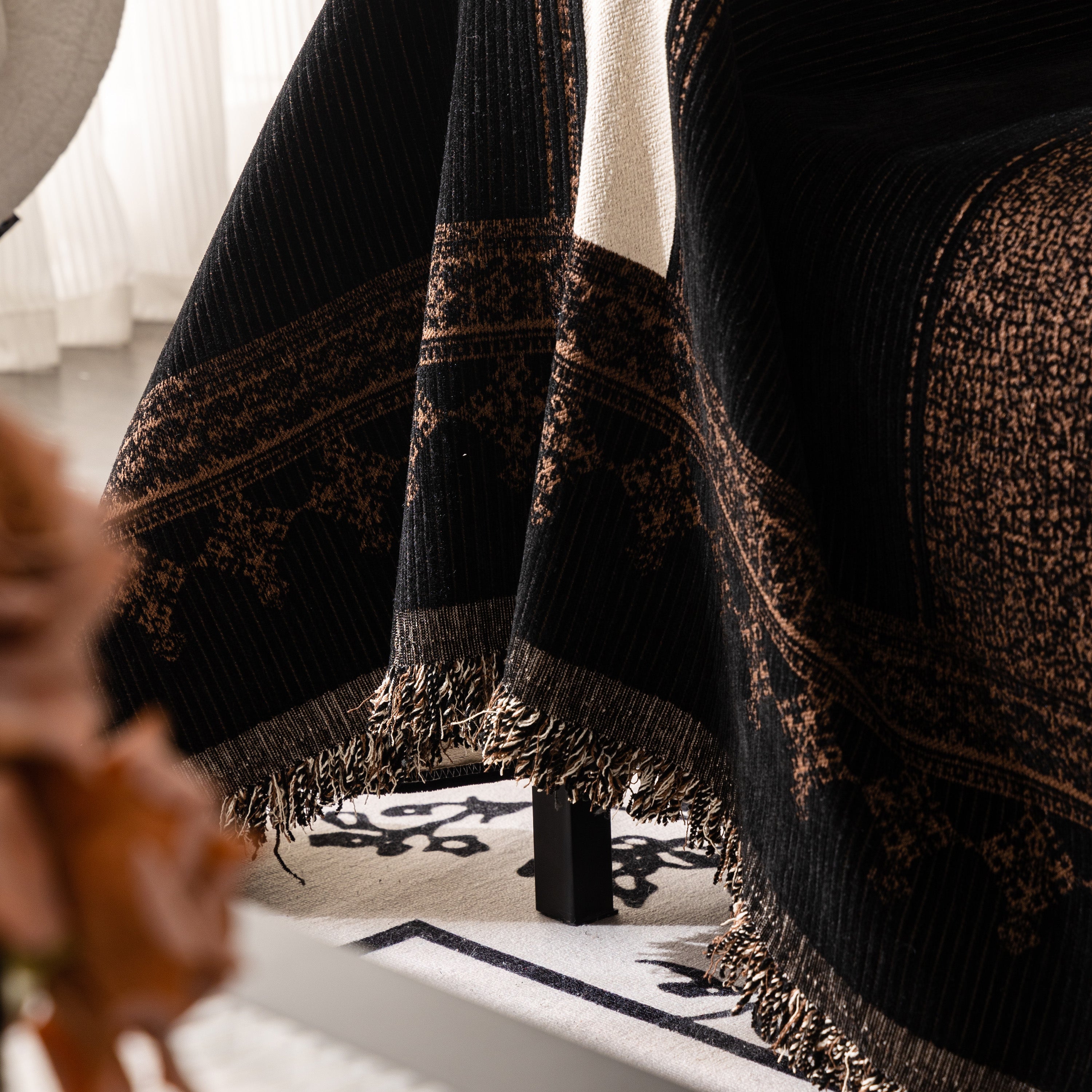 Jacquard Floral Band Sofa Cover With Tassels, Thick Textured Couch Throw Blanket