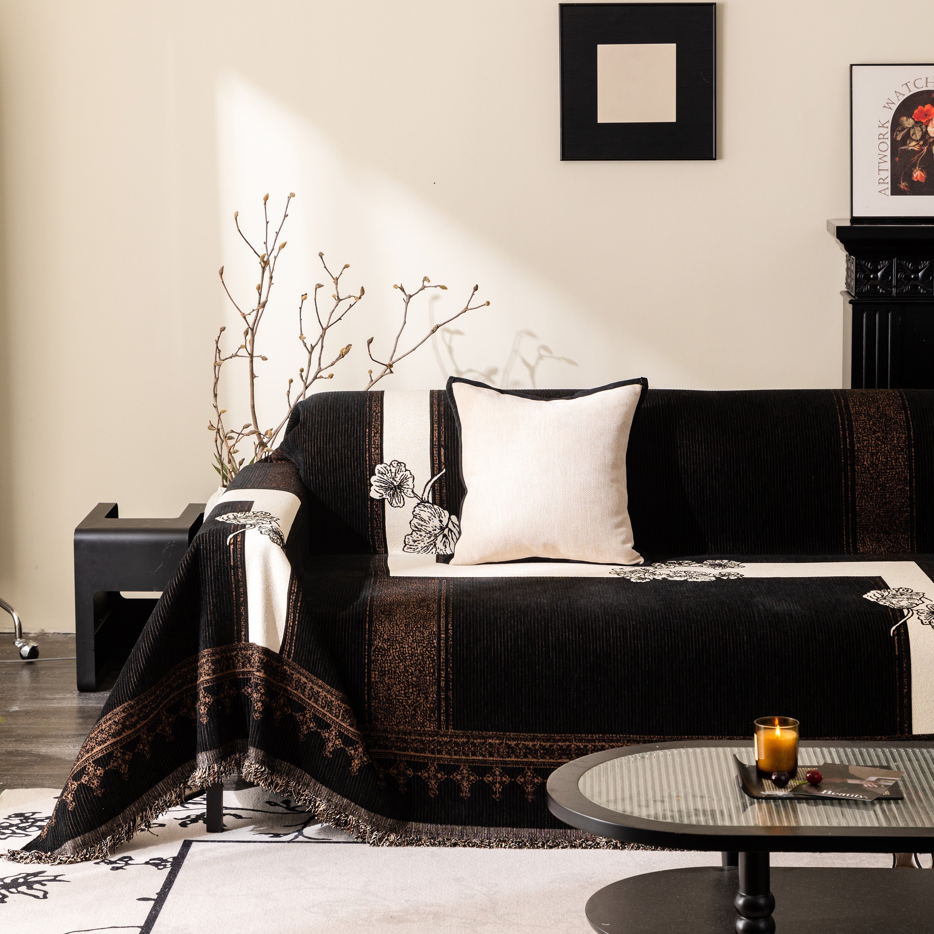 Jacquard Floral Band Sofa Cover With Tassels, Thick Textured Couch Throw Blanket