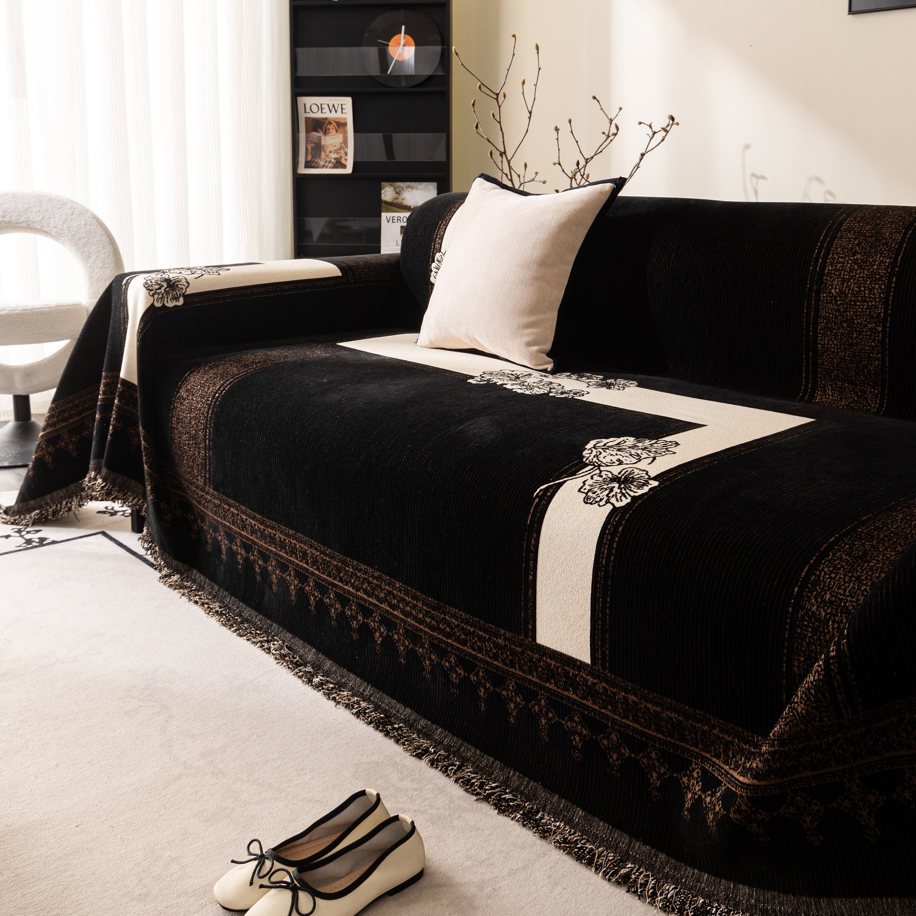 Jacquard Floral Band Sofa Cover With Tassels, Thick Textured Couch Throw Blanket