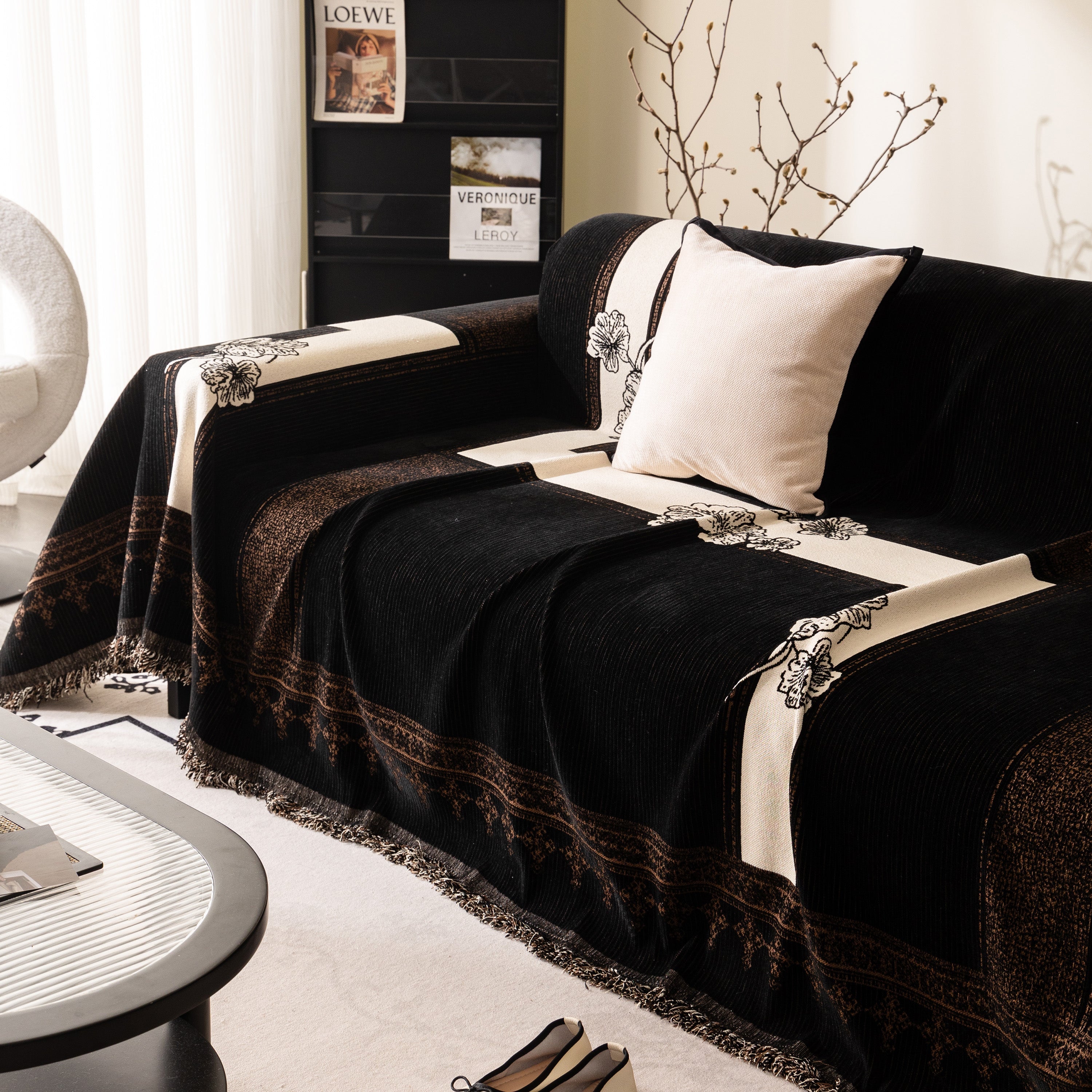 Jacquard Floral Band Sofa Cover With Tassels, Thick Textured Couch Throw Blanket
