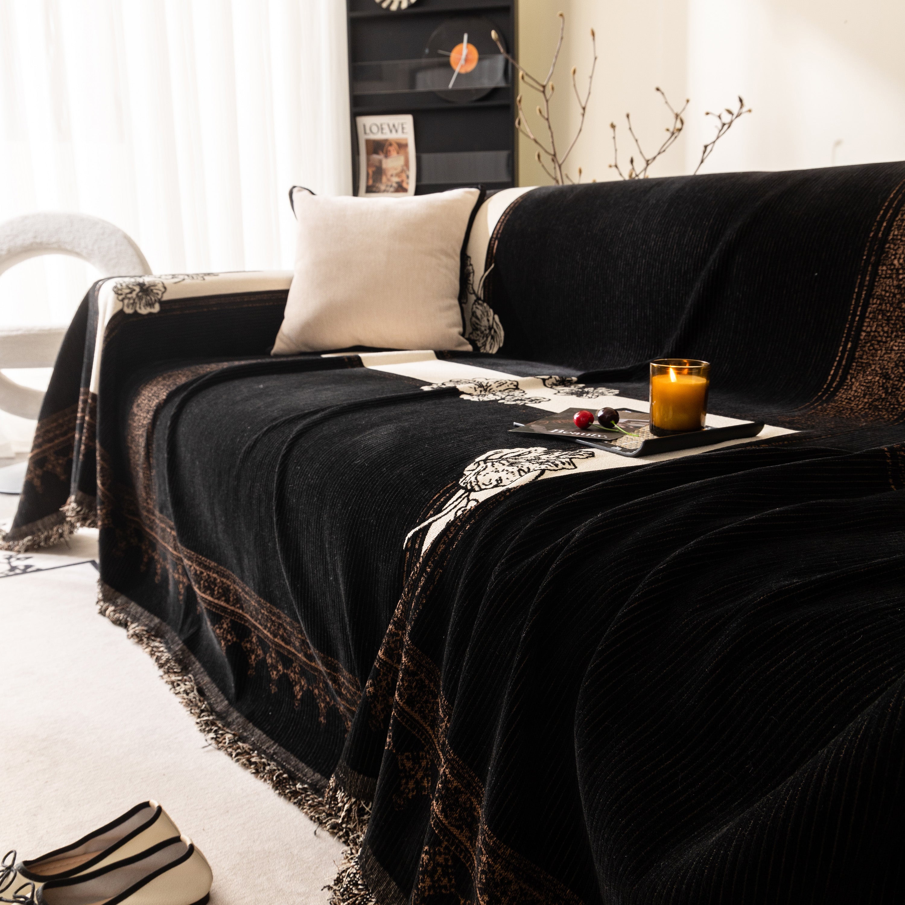 Jacquard Floral Band Sofa Cover With Tassels, Thick Textured Couch Throw Blanket