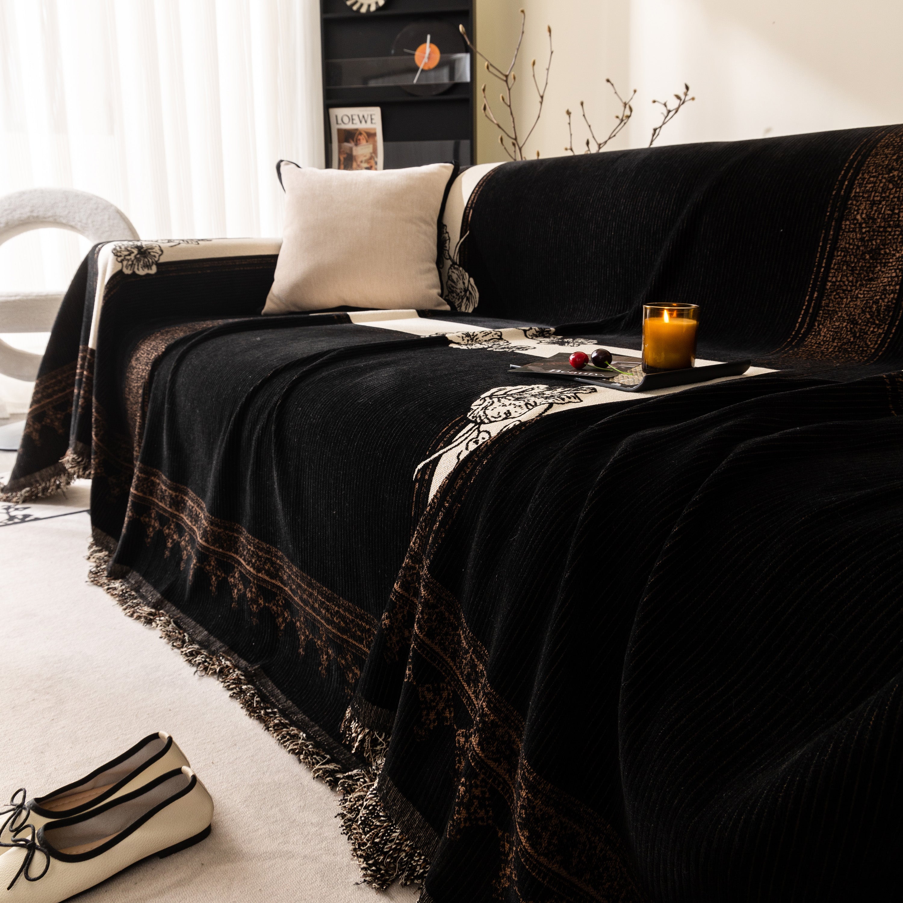 Jacquard Floral Band Sofa Cover With Tassels, Thick Textured Couch Throw Blanket