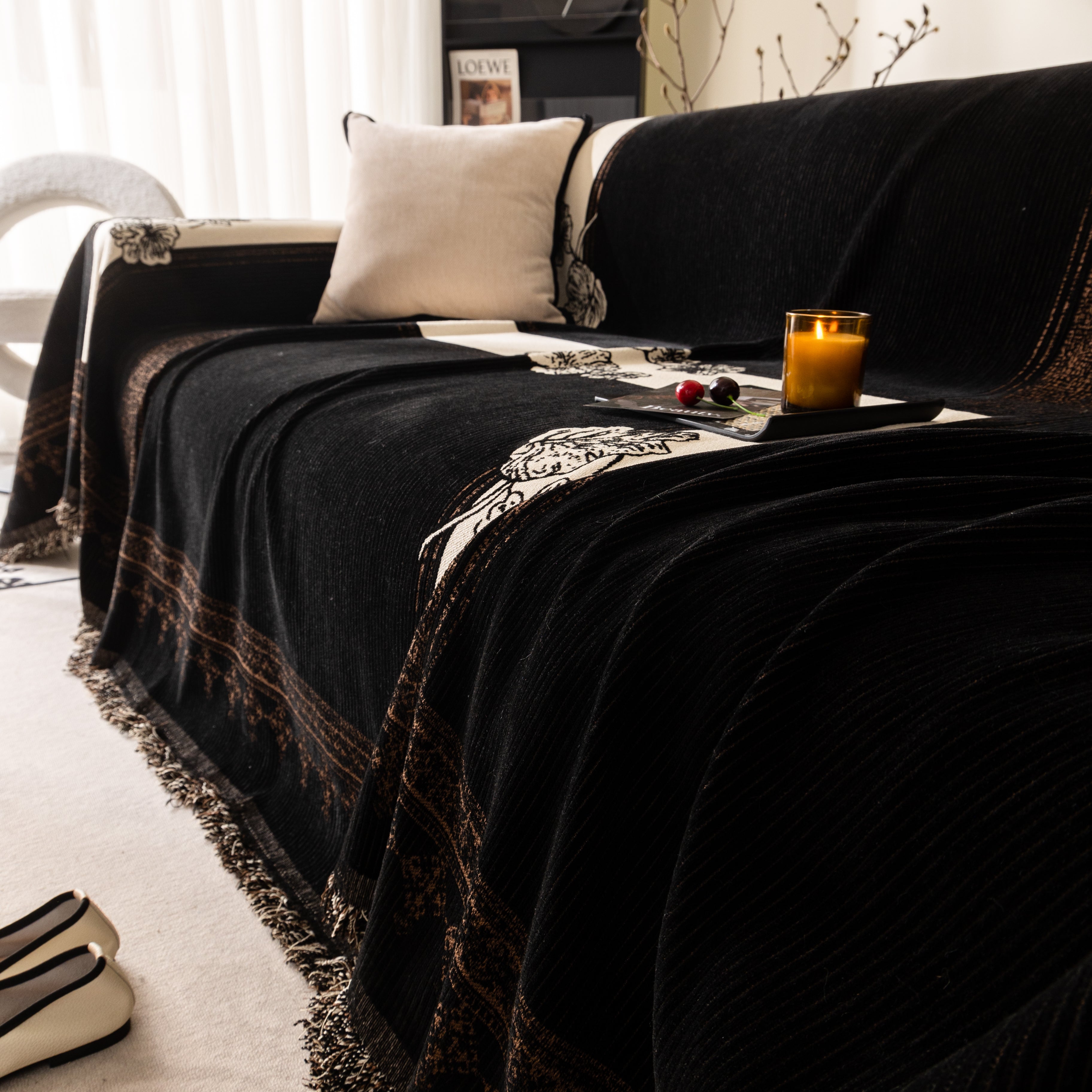 Jacquard Floral Band Sofa Cover With Tassels, Thick Textured Couch Throw Blanket