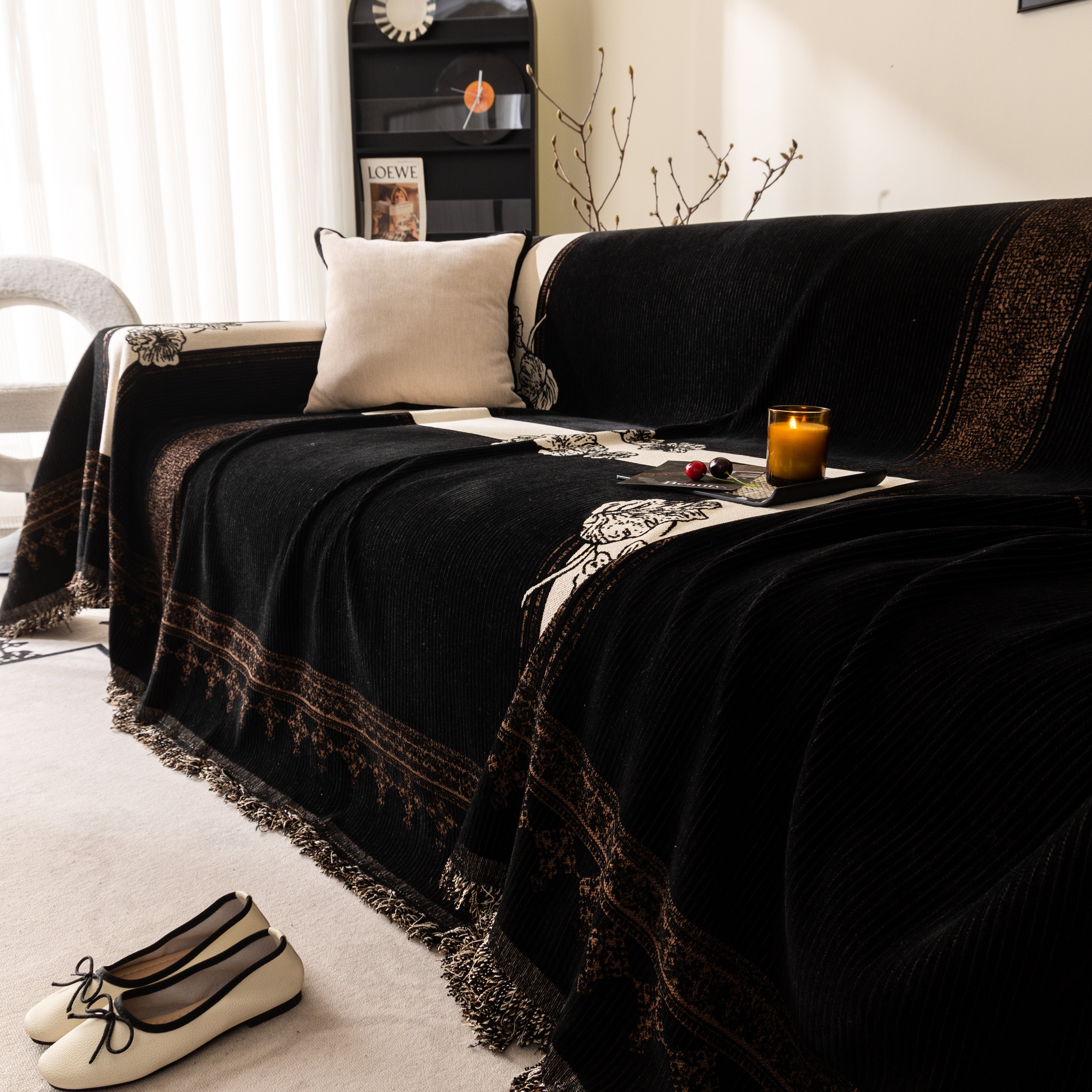 Jacquard Floral Band Sofa Cover With Tassels, Thick Textured Couch Throw Blanket