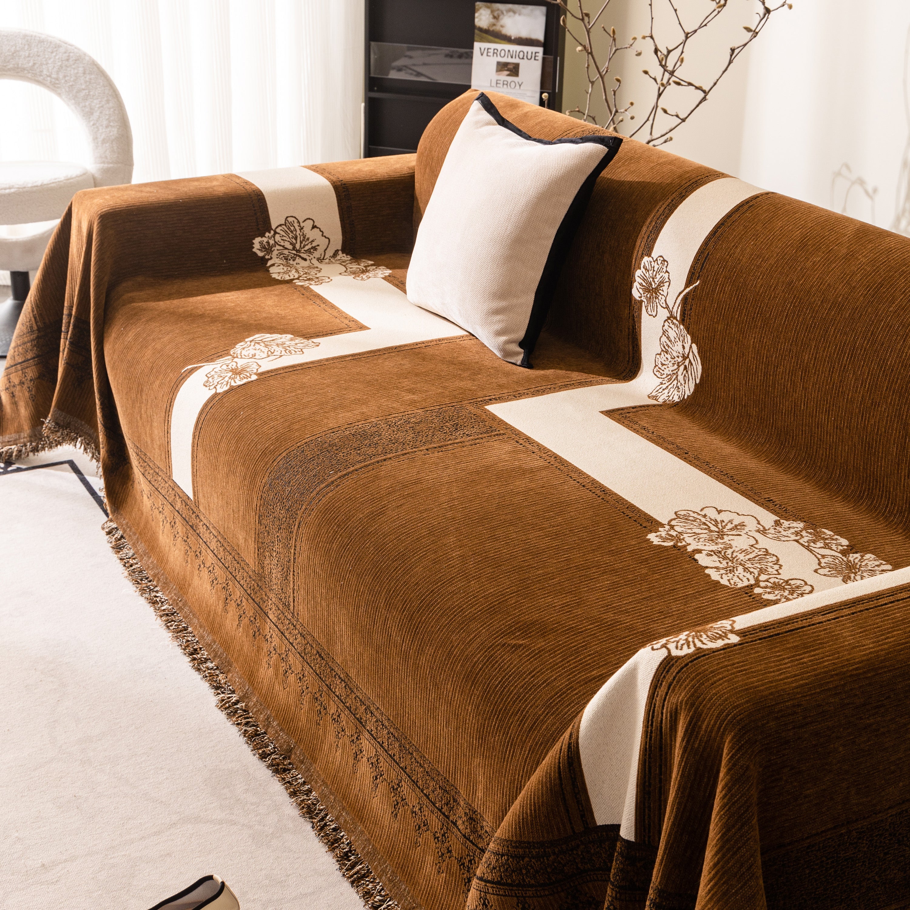 Jacquard Floral Band Sofa Cover With Tassels, Thick Textured Couch Throw Blanket