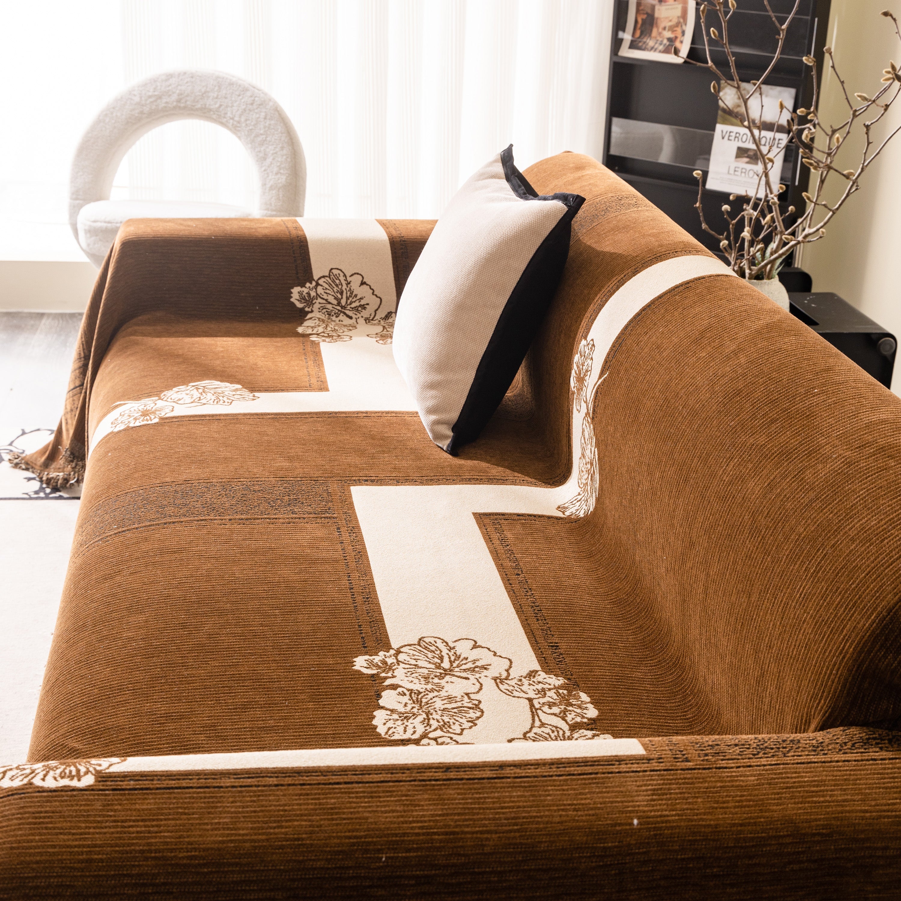 Jacquard Floral Band Sofa Cover With Tassels, Thick Textured Couch Throw Blanket