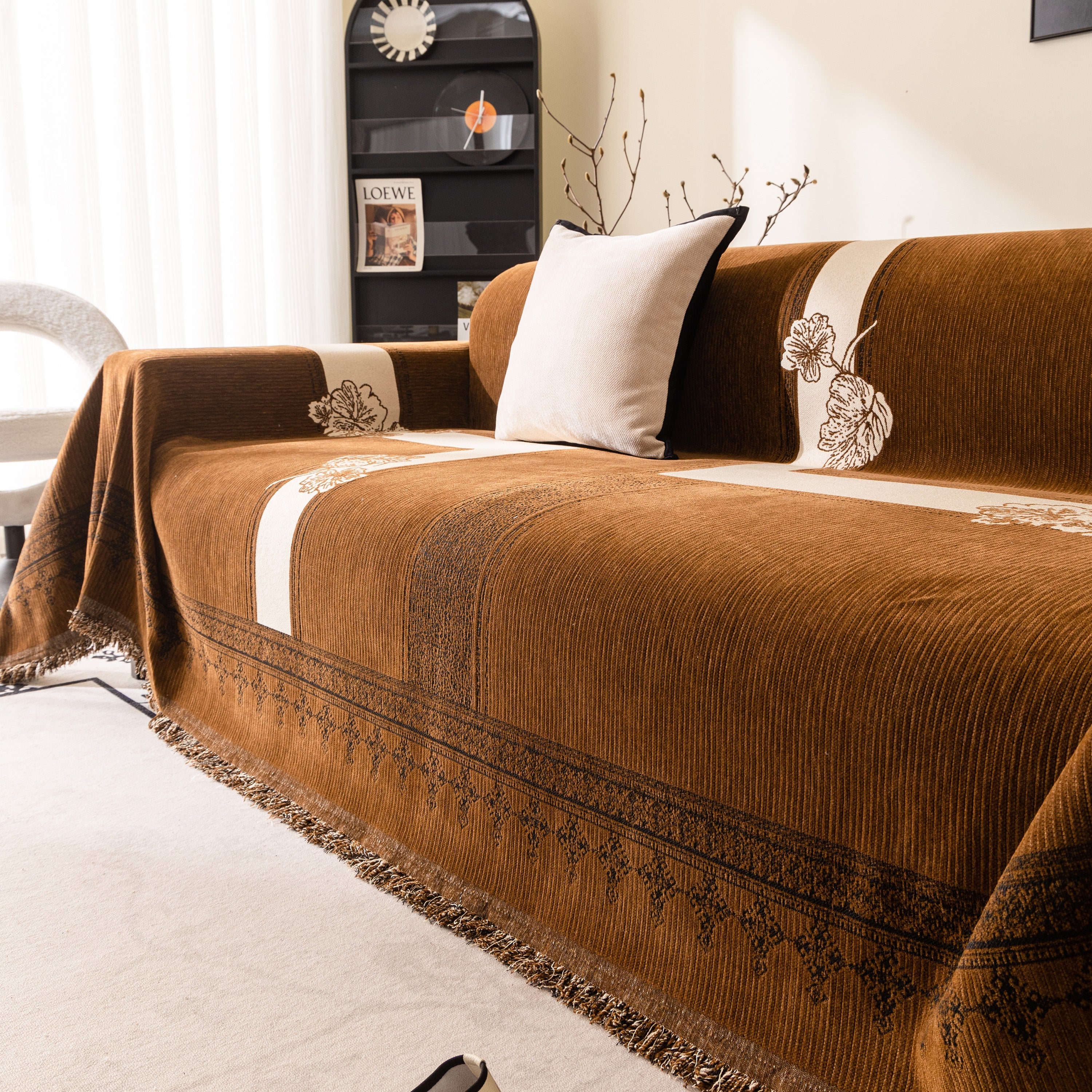 Jacquard Floral Band Sofa Cover With Tassels, Thick Textured Couch Throw Blanket