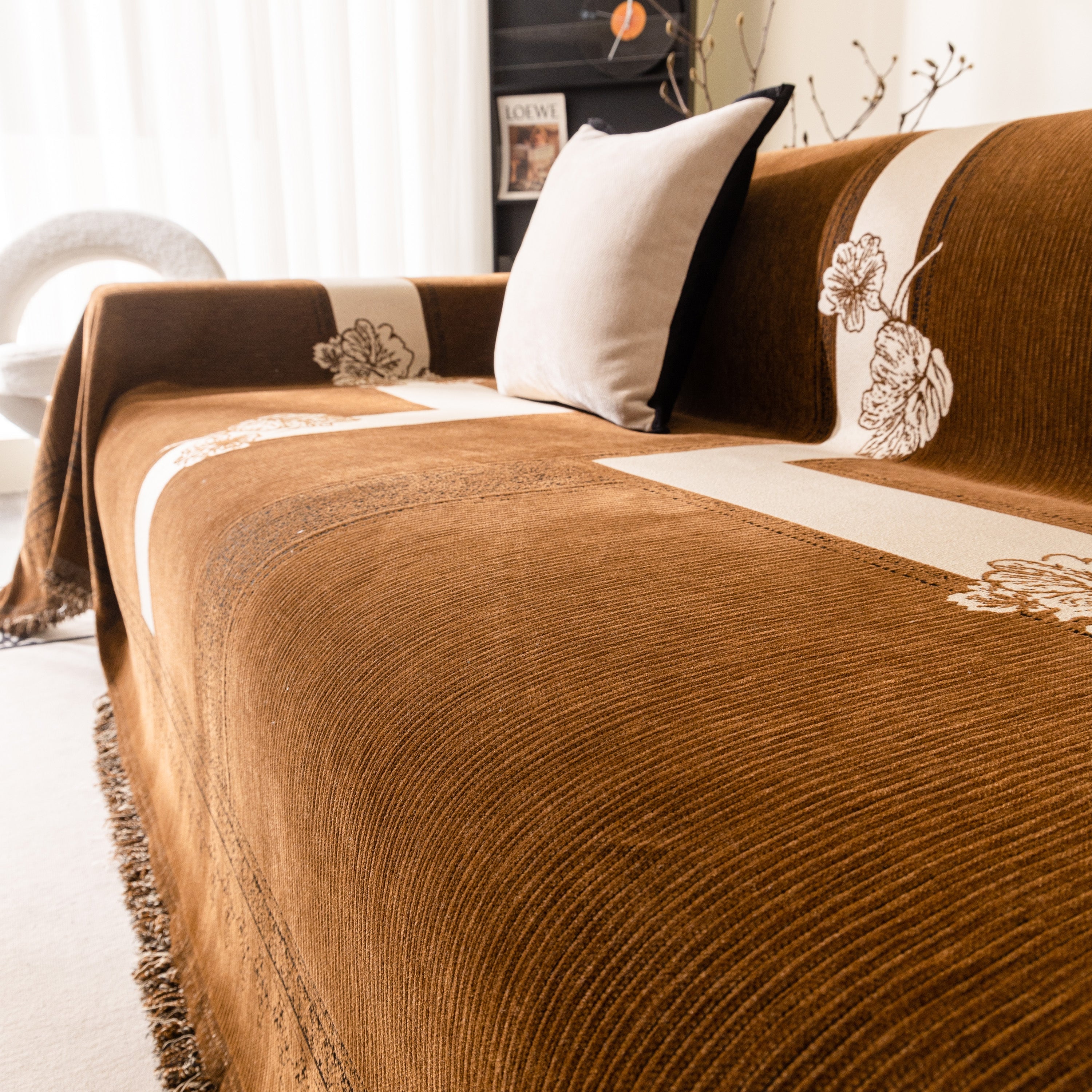 Jacquard Floral Band Sofa Cover With Tassels, Thick Textured Couch Throw Blanket