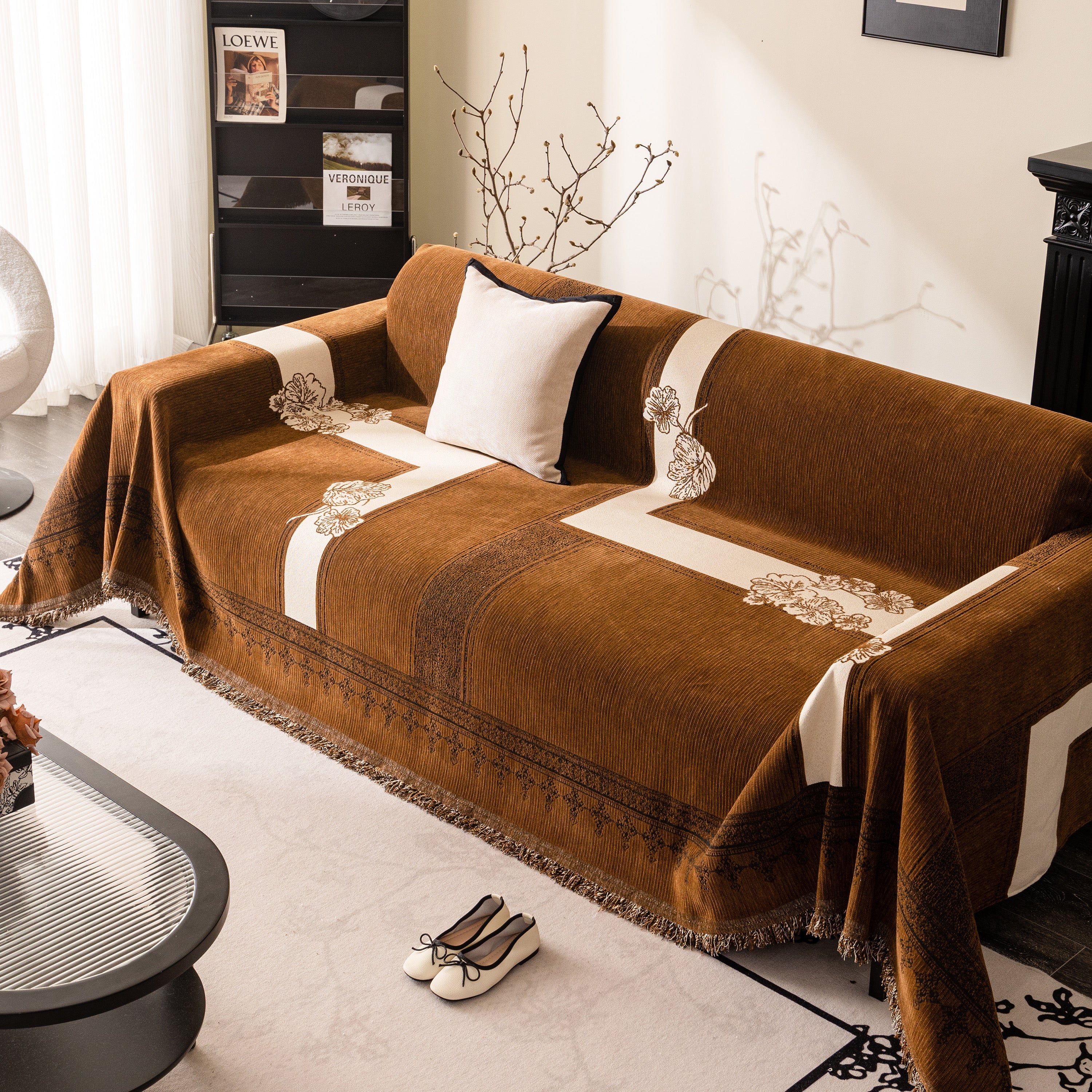 Jacquard Floral Band Sofa Cover With Tassels, Thick Textured Couch Throw Blanket