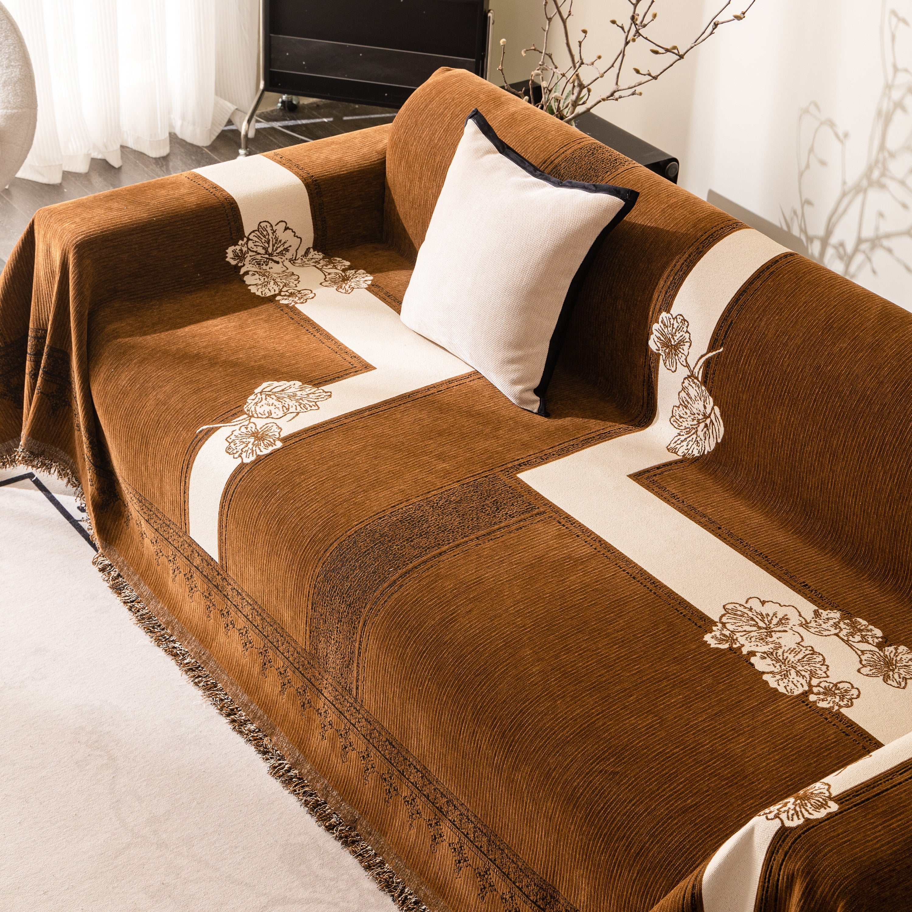 Jacquard Floral Band Sofa Cover With Tassels, Thick Textured Couch Throw Blanket