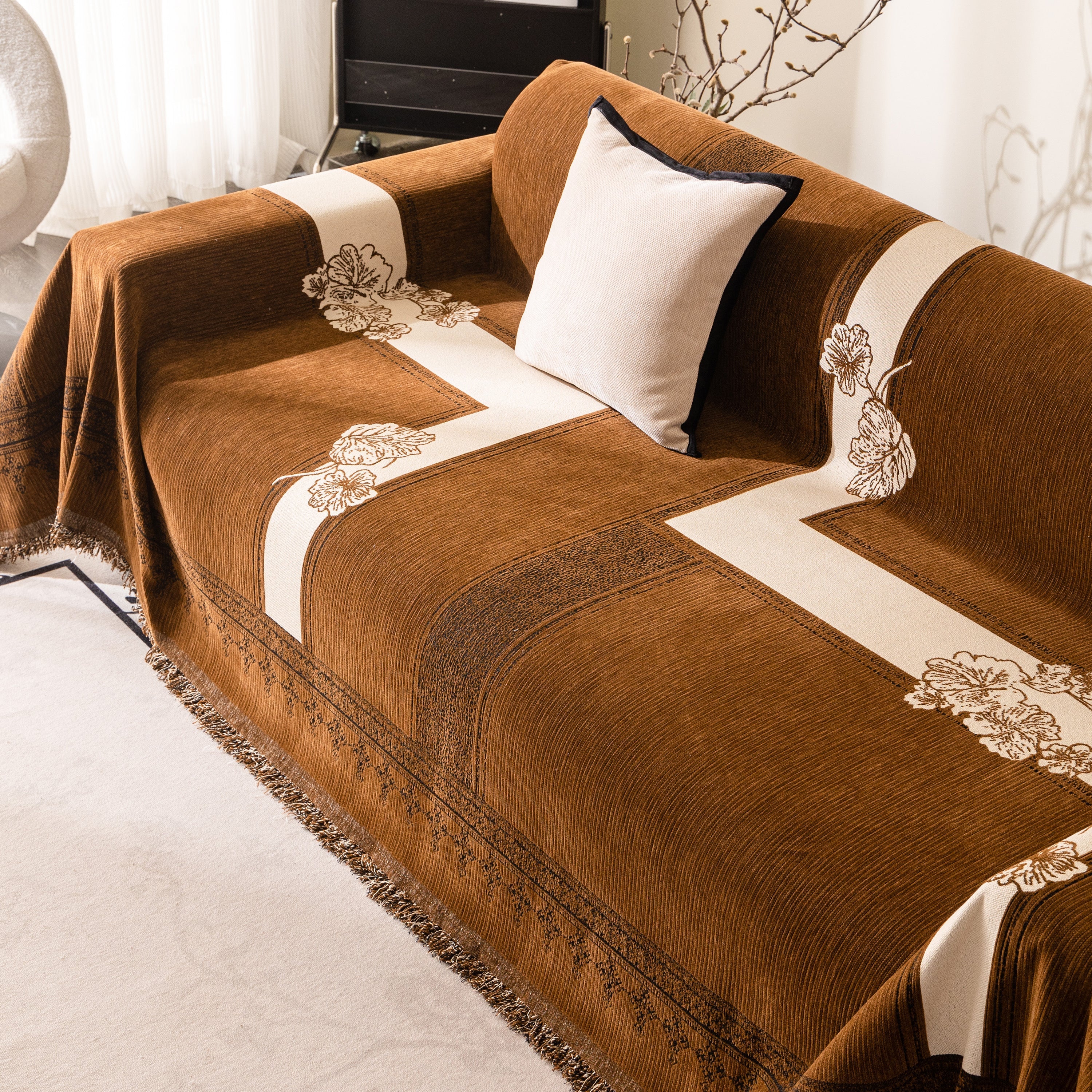 Jacquard Floral Band Sofa Cover With Tassels, Thick Textured Couch Throw Blanket