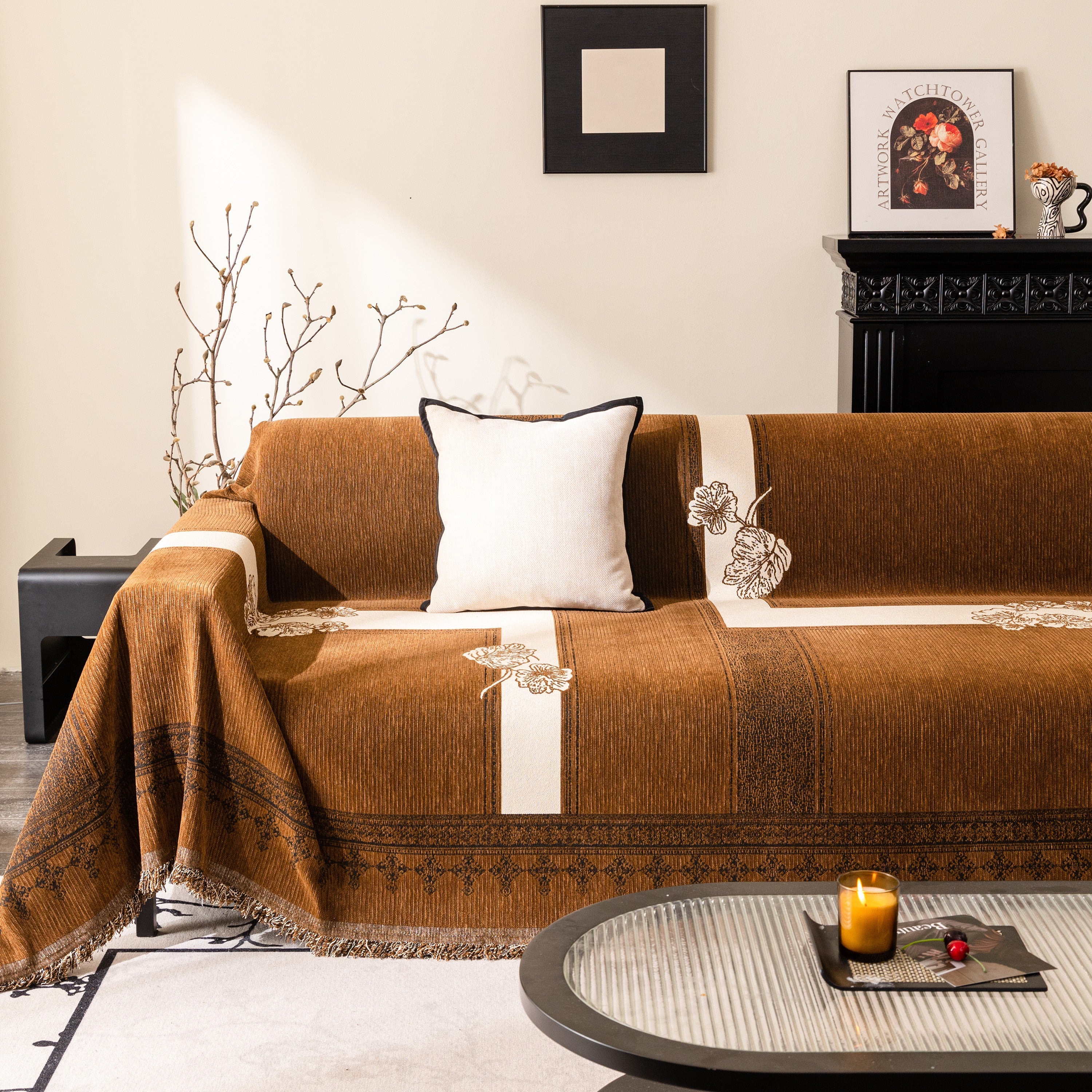 Jacquard Floral Band Sofa Cover With Tassels, Thick Textured Couch Throw Blanket