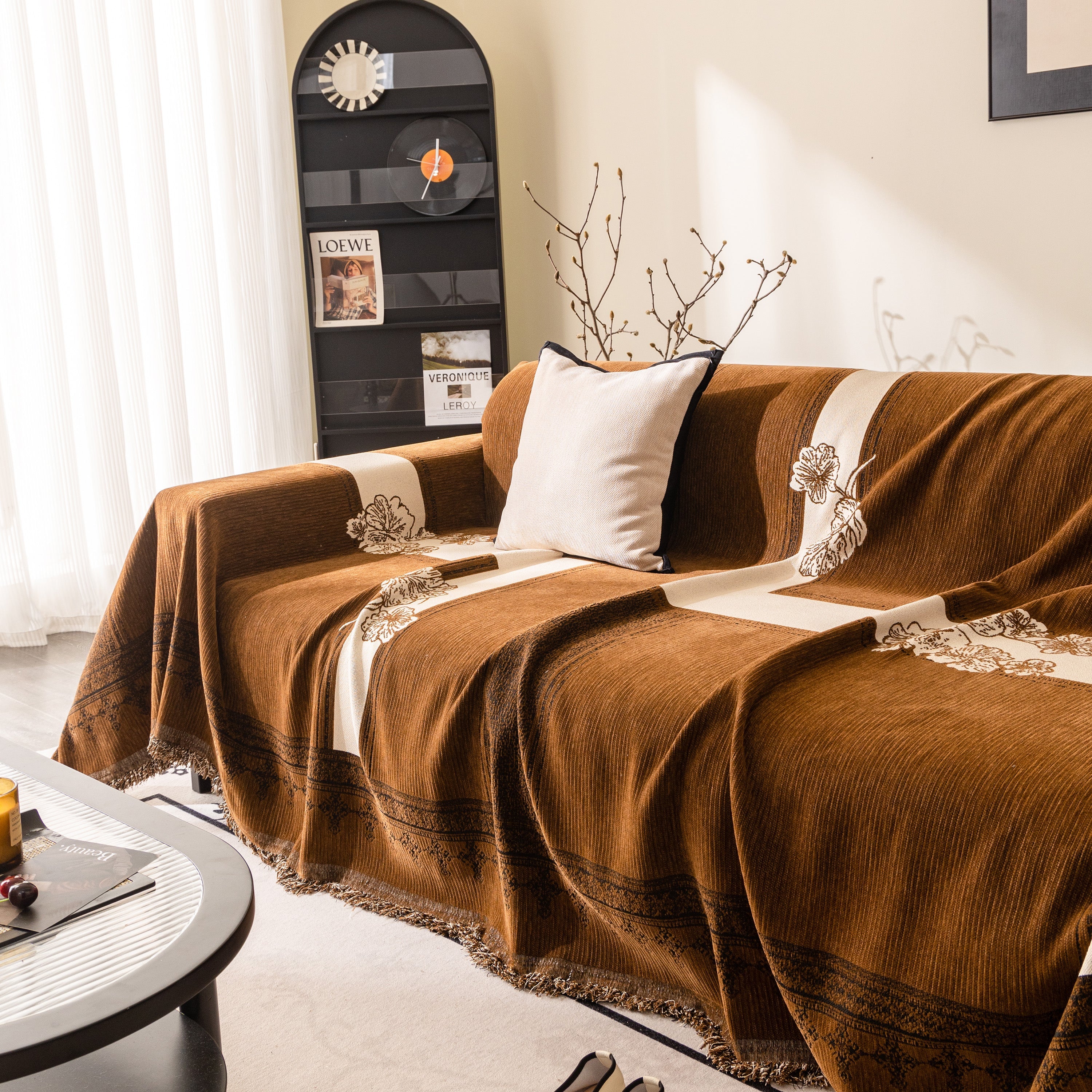 Jacquard Floral Band Sofa Cover With Tassels, Thick Textured Couch Throw Blanket