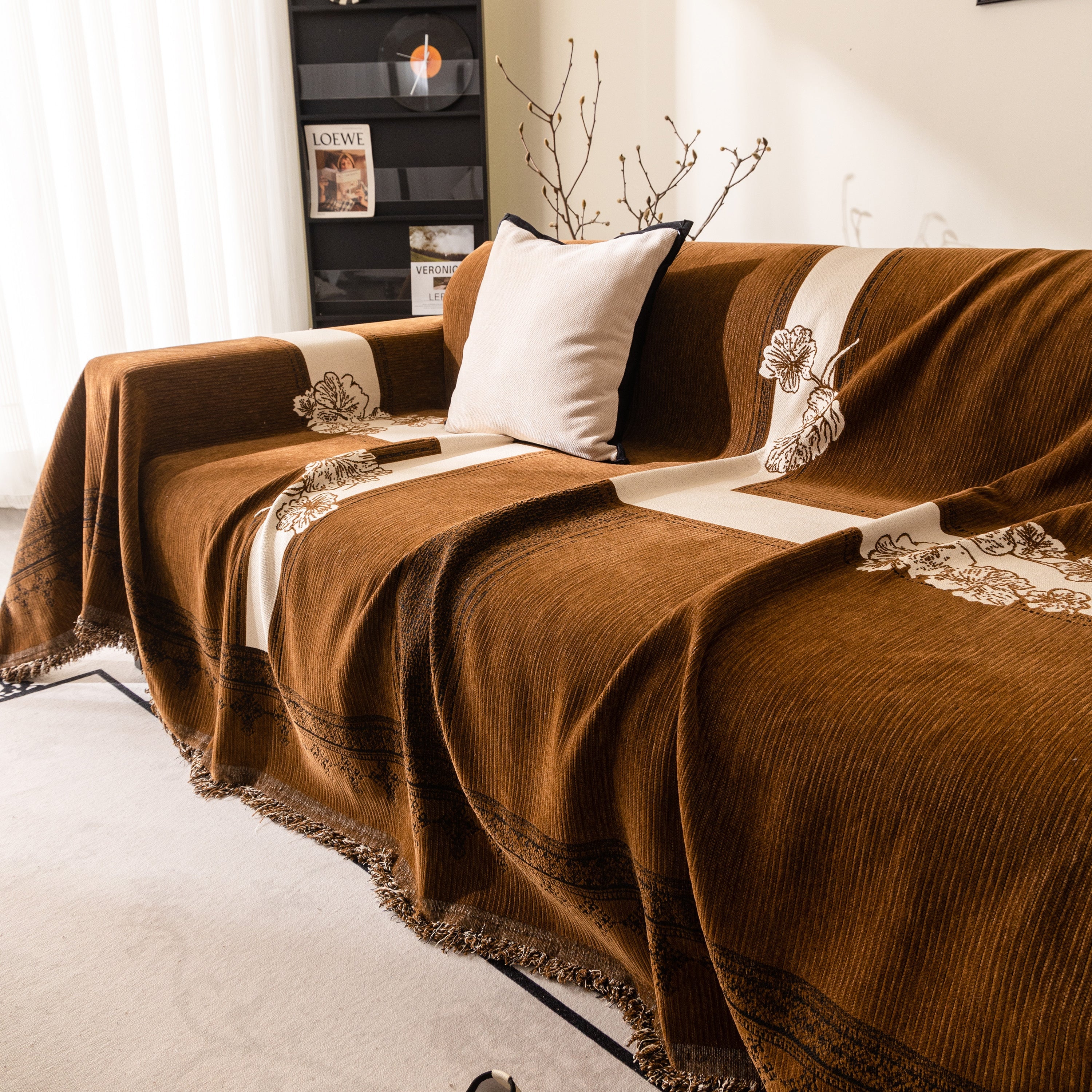 Jacquard Floral Band Sofa Cover With Tassels, Thick Textured Couch Throw Blanket