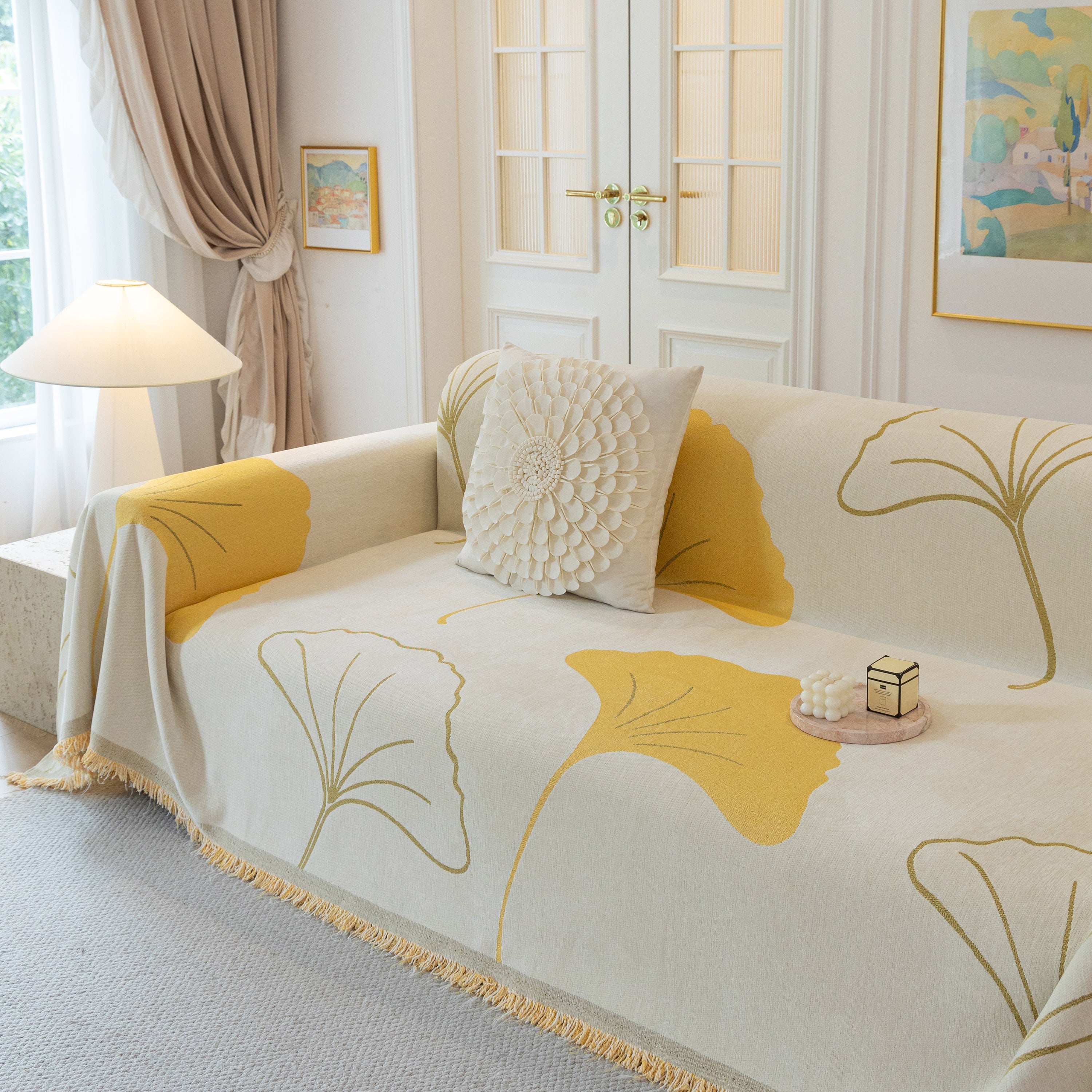 Cozy Couch Throw Blanket With Tassels, Jacquard Leaf Pattern Furniture Protector