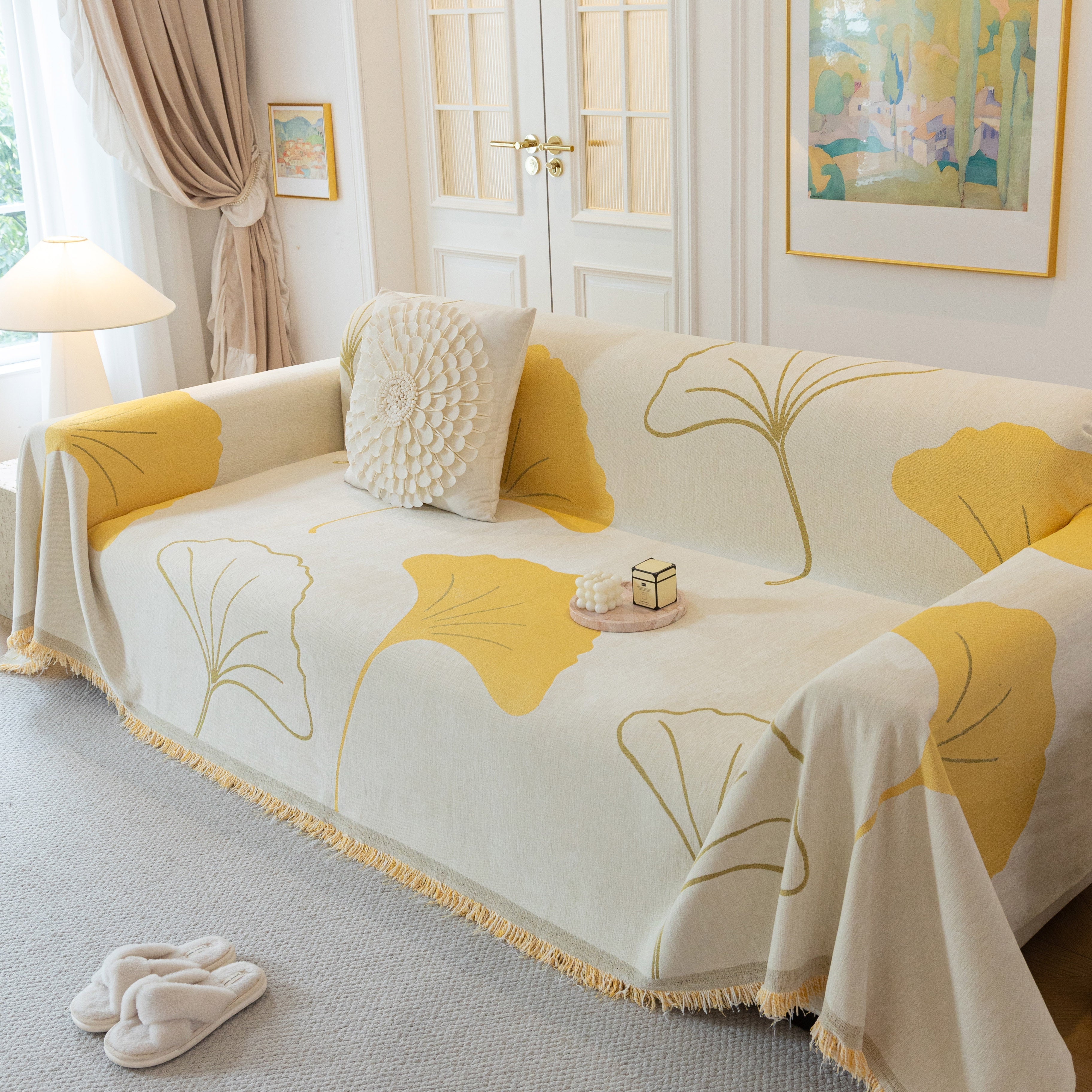 Cozy Couch Throw Blanket With Tassels, Jacquard Leaf Pattern Furniture Protector