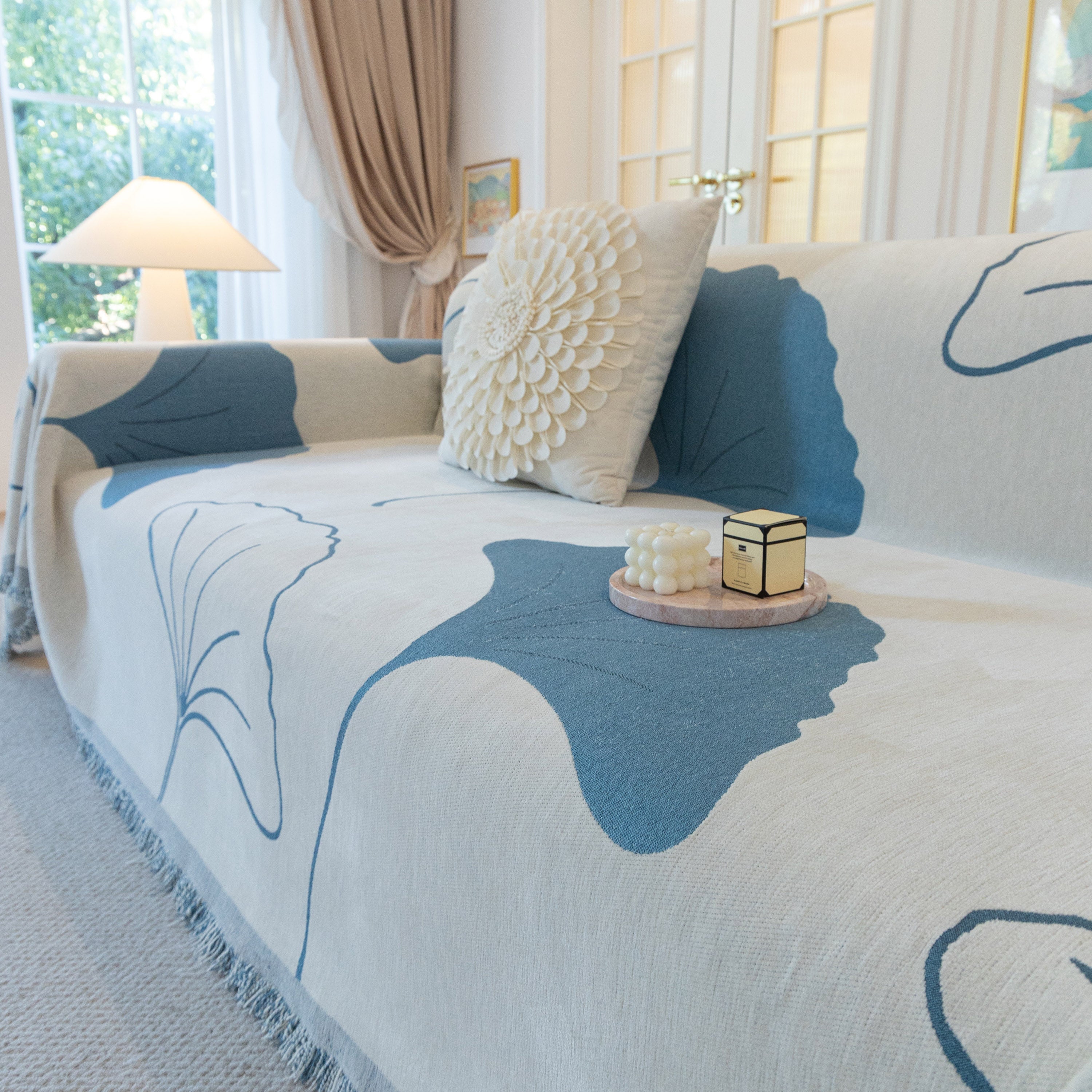 Cozy Couch Throw Blanket With Tassels, Jacquard Leaf Pattern Furniture Protector