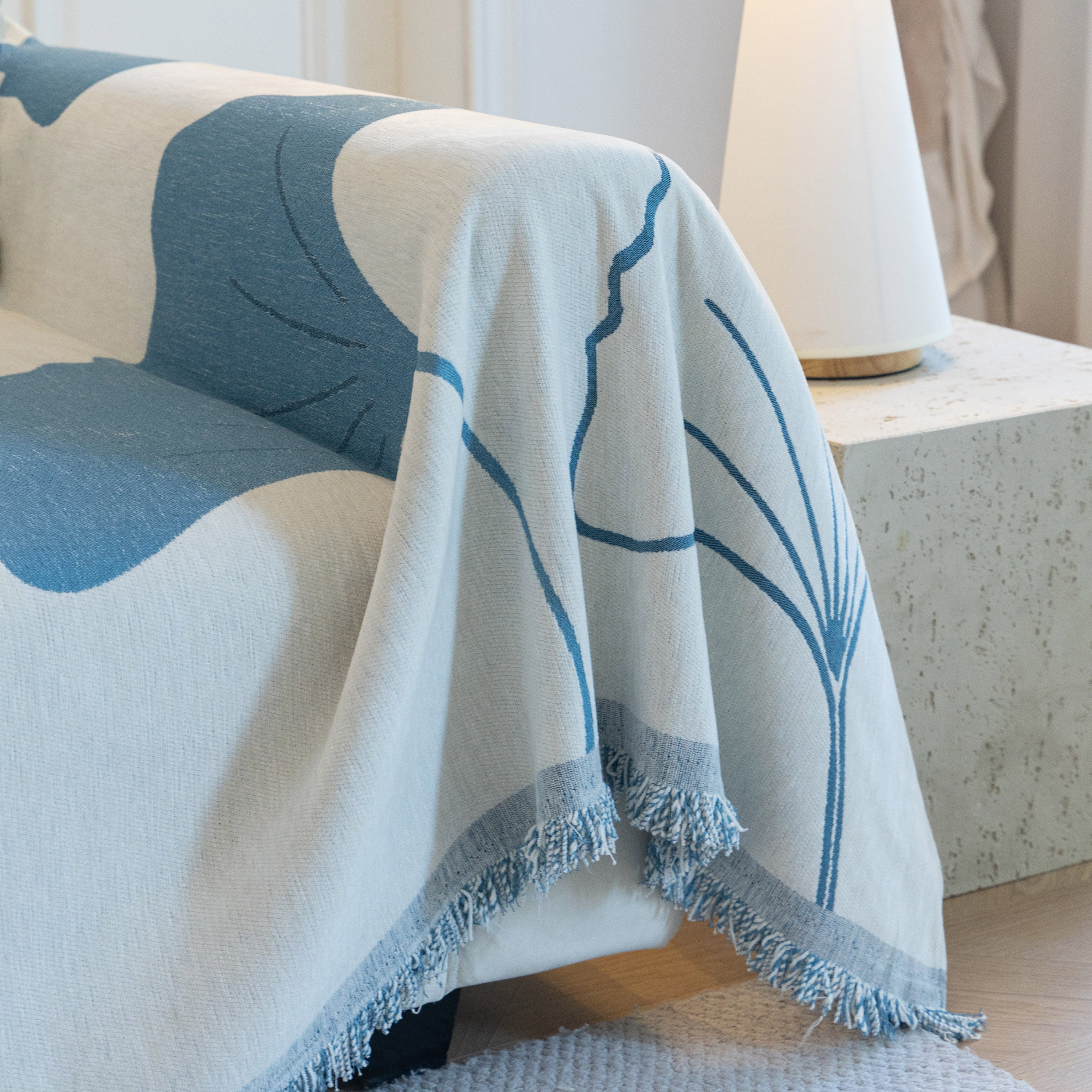 Cozy Couch Throw Blanket With Tassels, Jacquard Leaf Pattern Furniture Protector