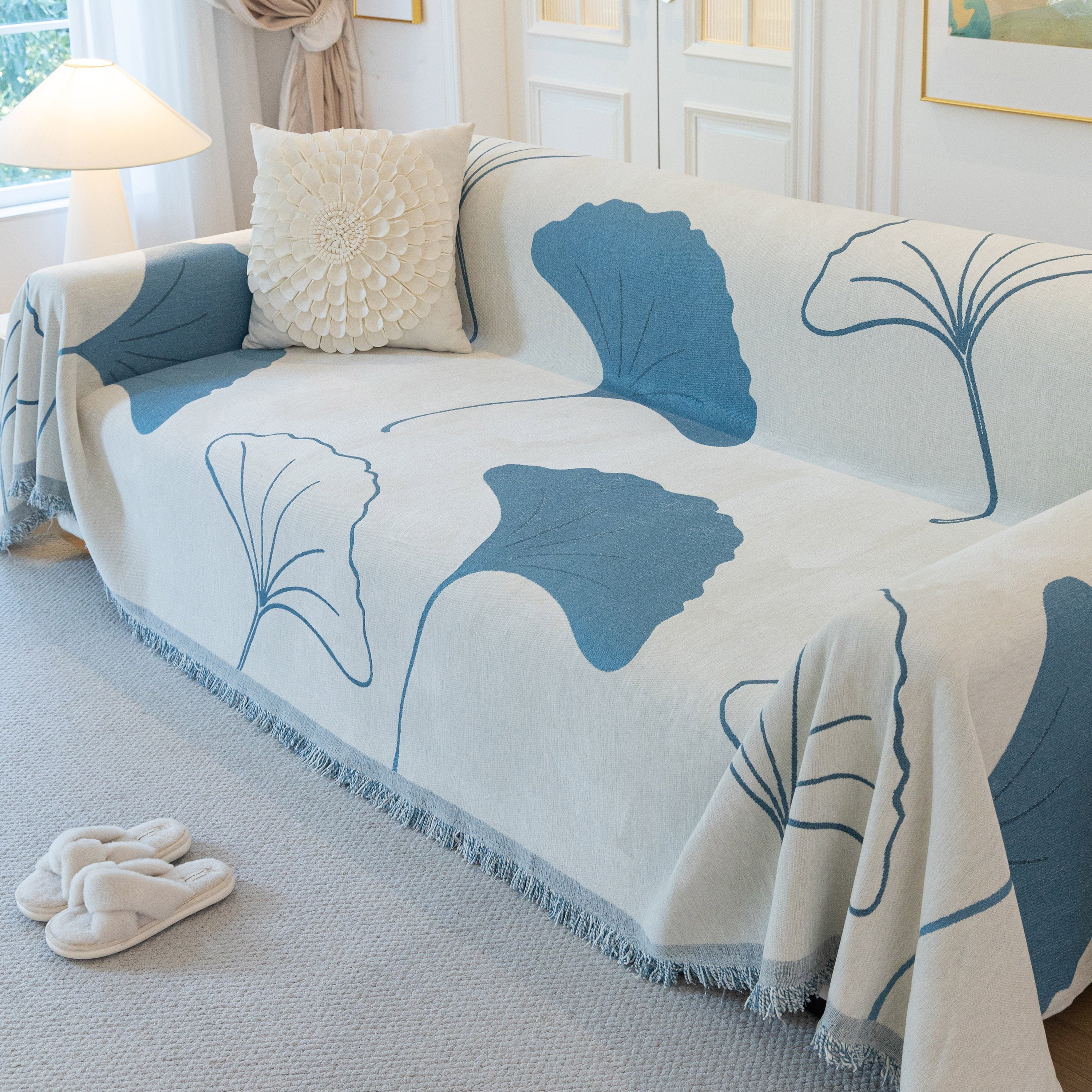 Cozy Couch Throw Blanket With Tassels, Jacquard Leaf Pattern Furniture Protector