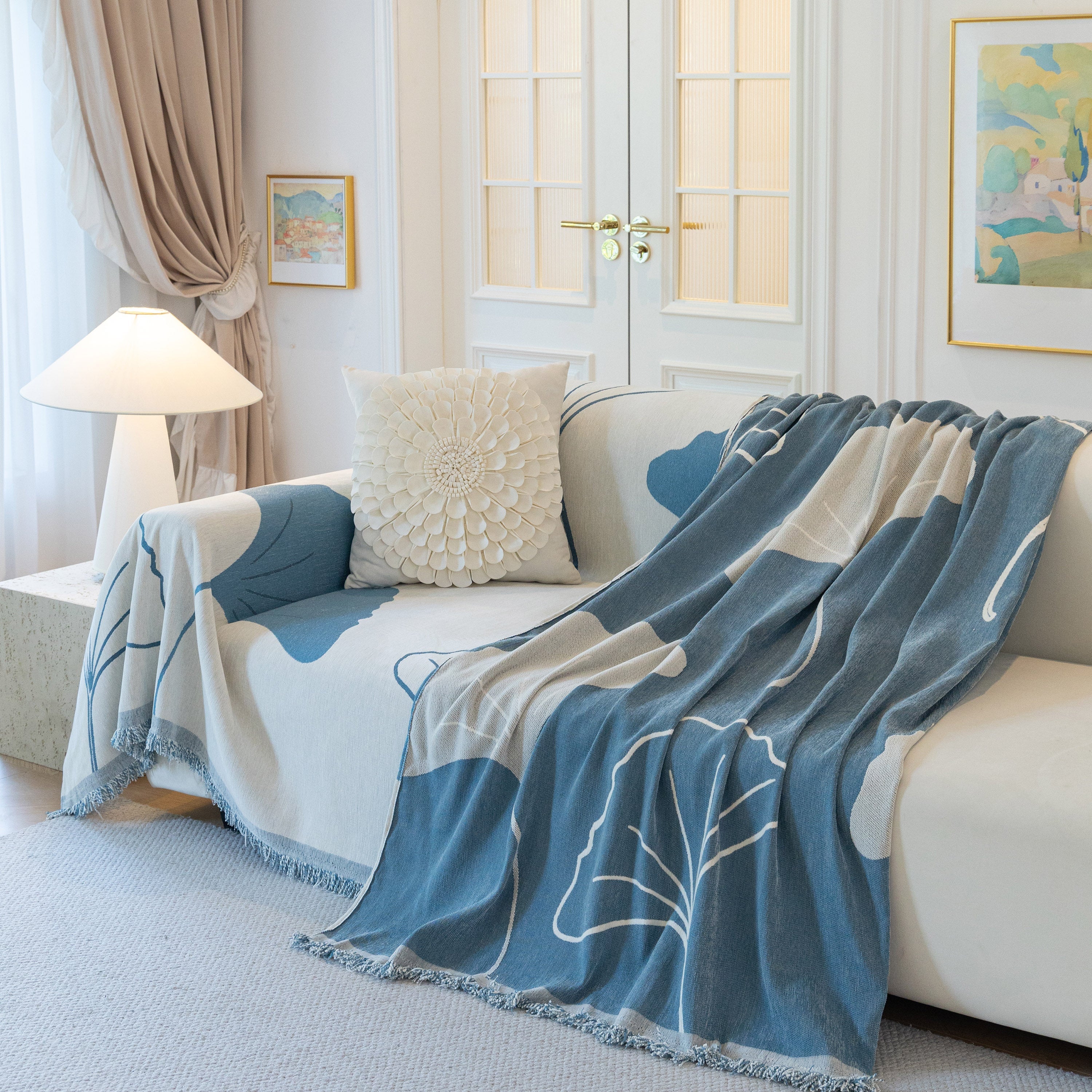 Cozy Couch Throw Blanket With Tassels, Jacquard Leaf Pattern Furniture Protector