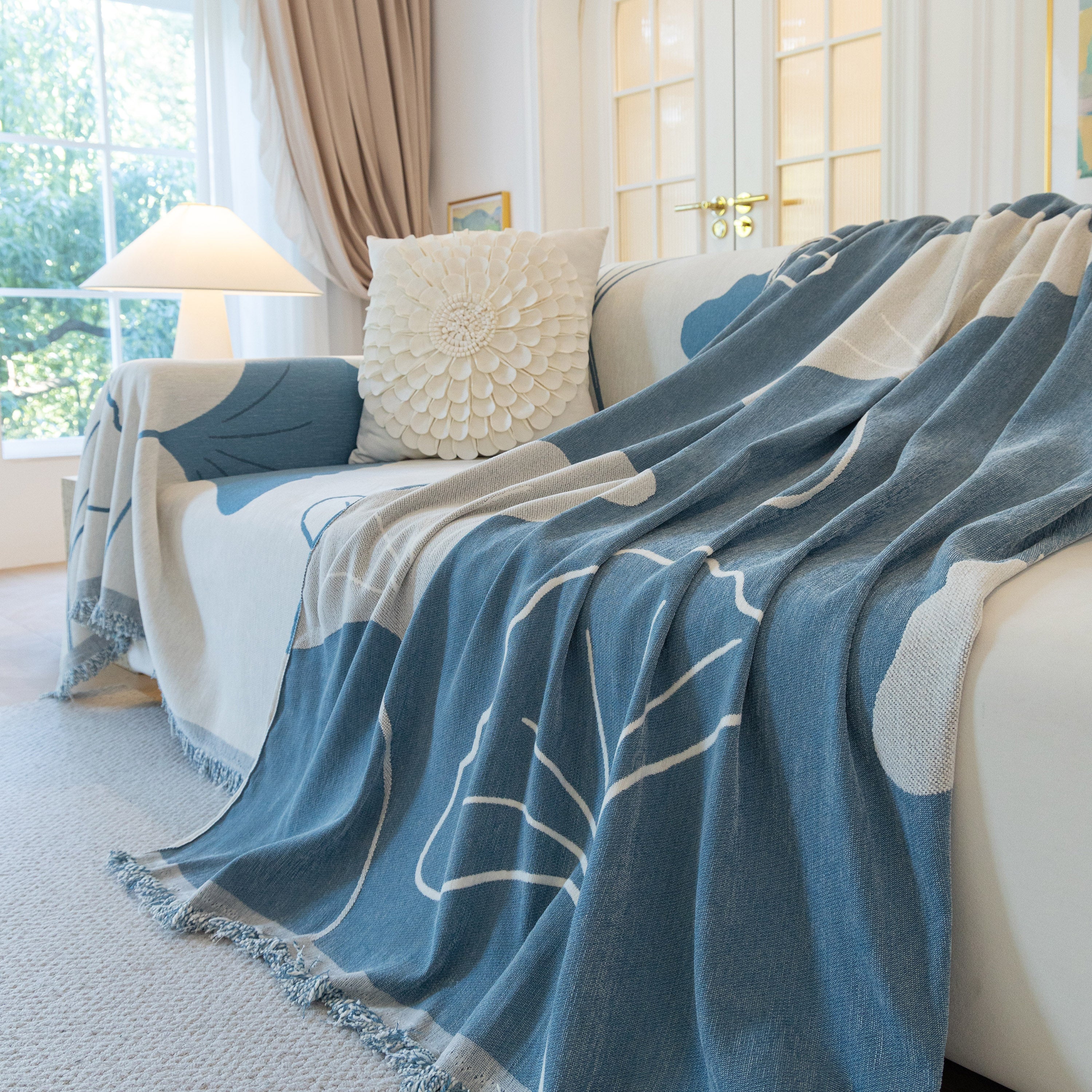 Cozy Couch Throw Blanket With Tassels, Jacquard Leaf Pattern Furniture Protector