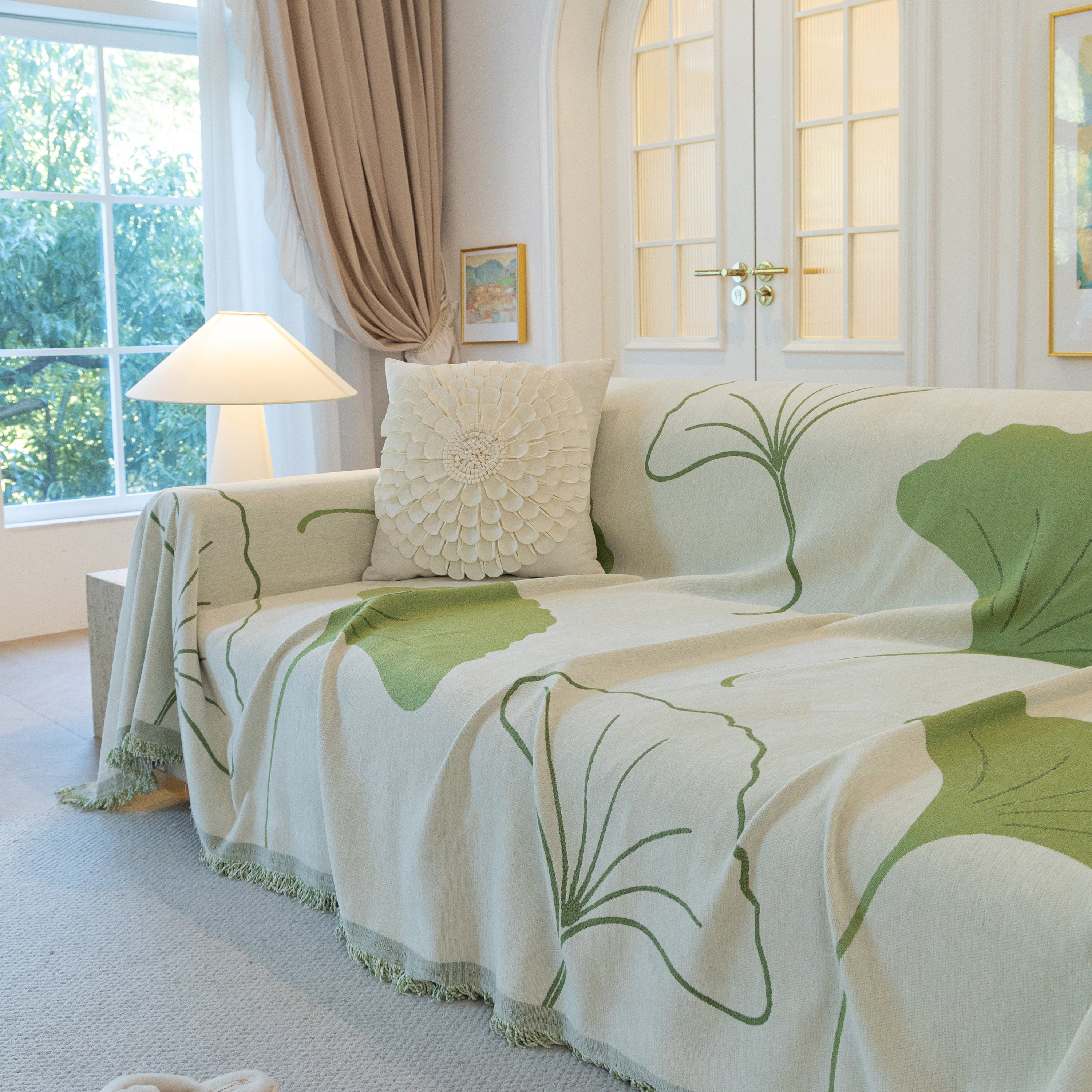 Cozy Couch Throw Blanket With Tassels, Jacquard Leaf Pattern Furniture Protector