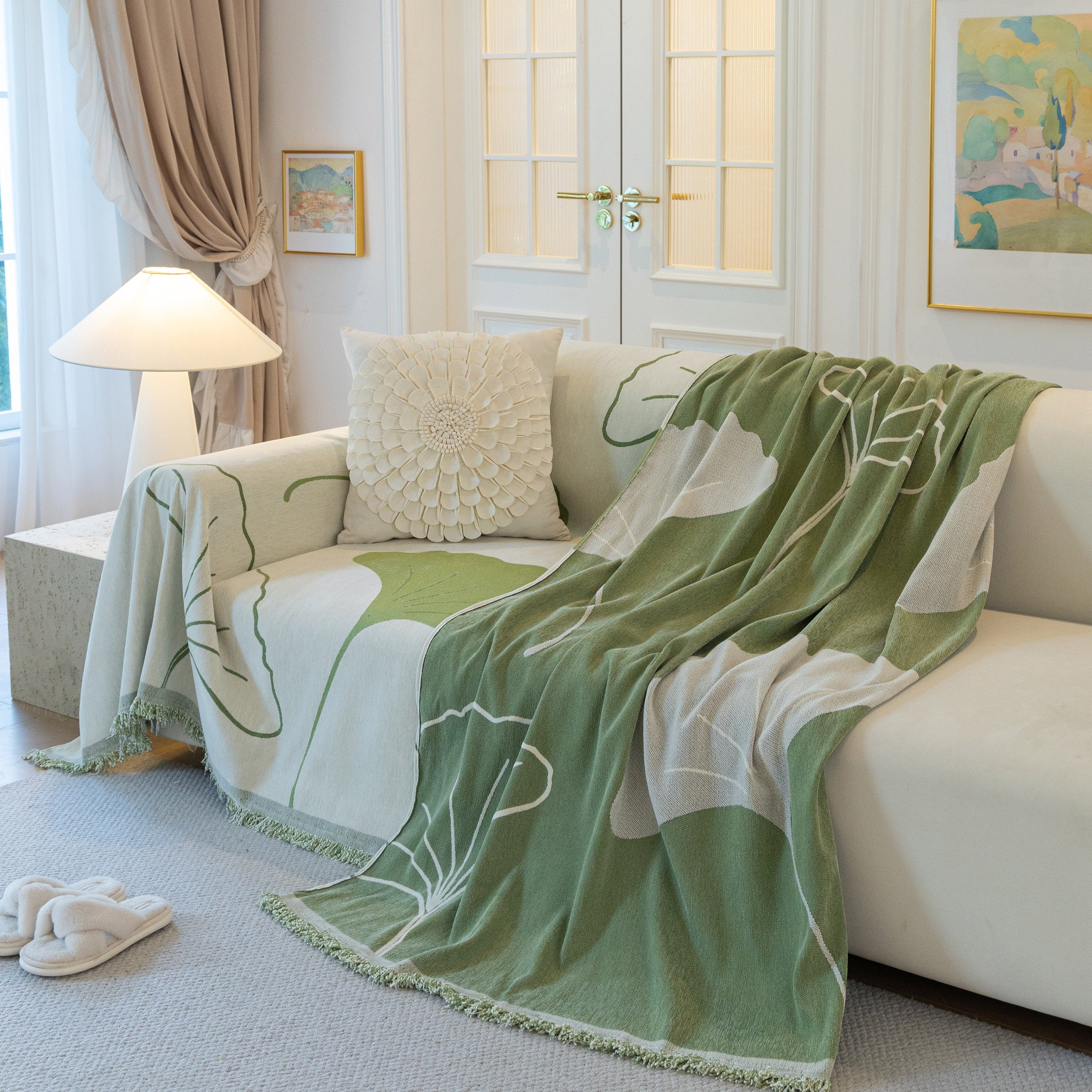 Cozy Couch Throw Blanket With Tassels, Jacquard Leaf Pattern Furniture Protector
