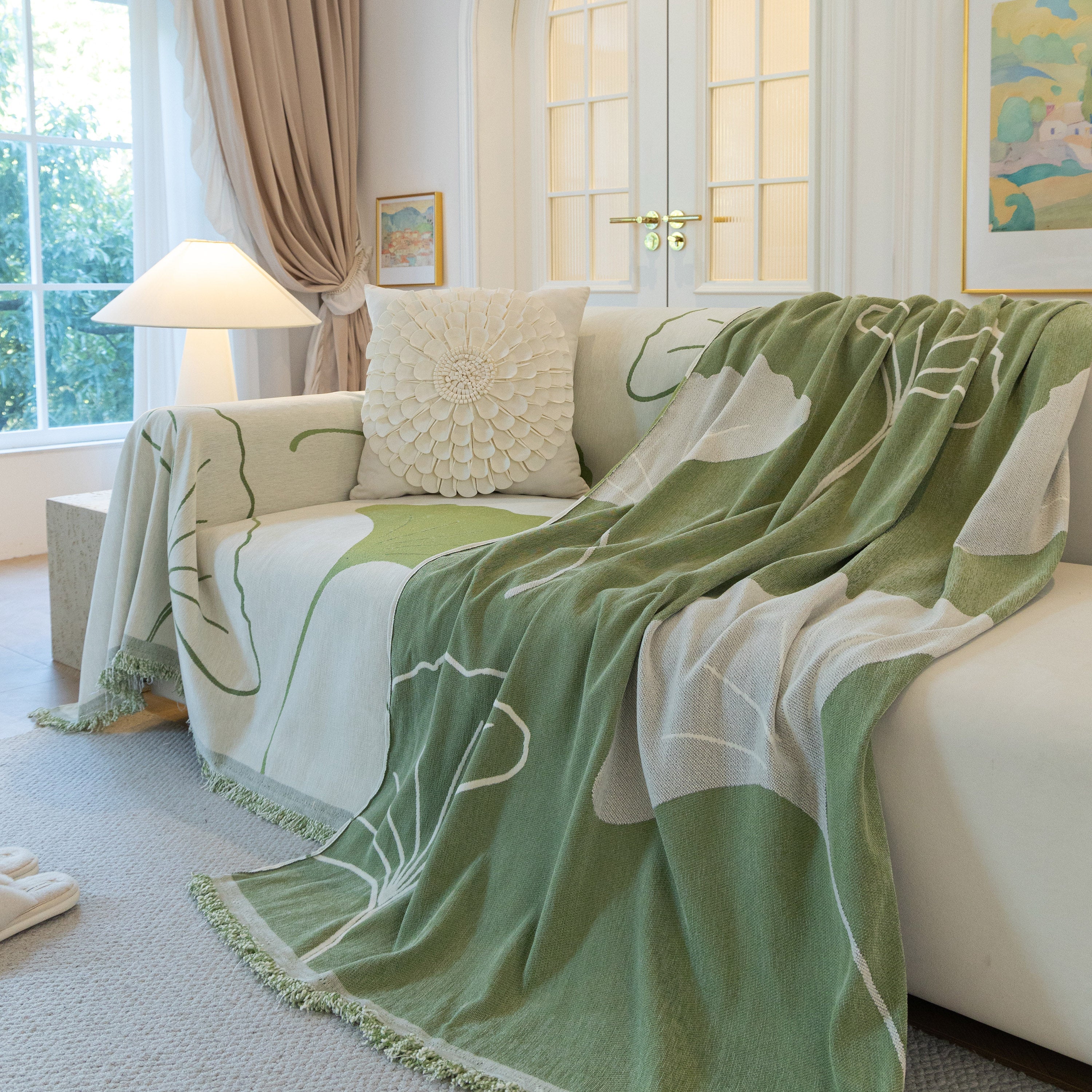 Cozy Couch Throw Blanket With Tassels, Jacquard Leaf Pattern Furniture Protector