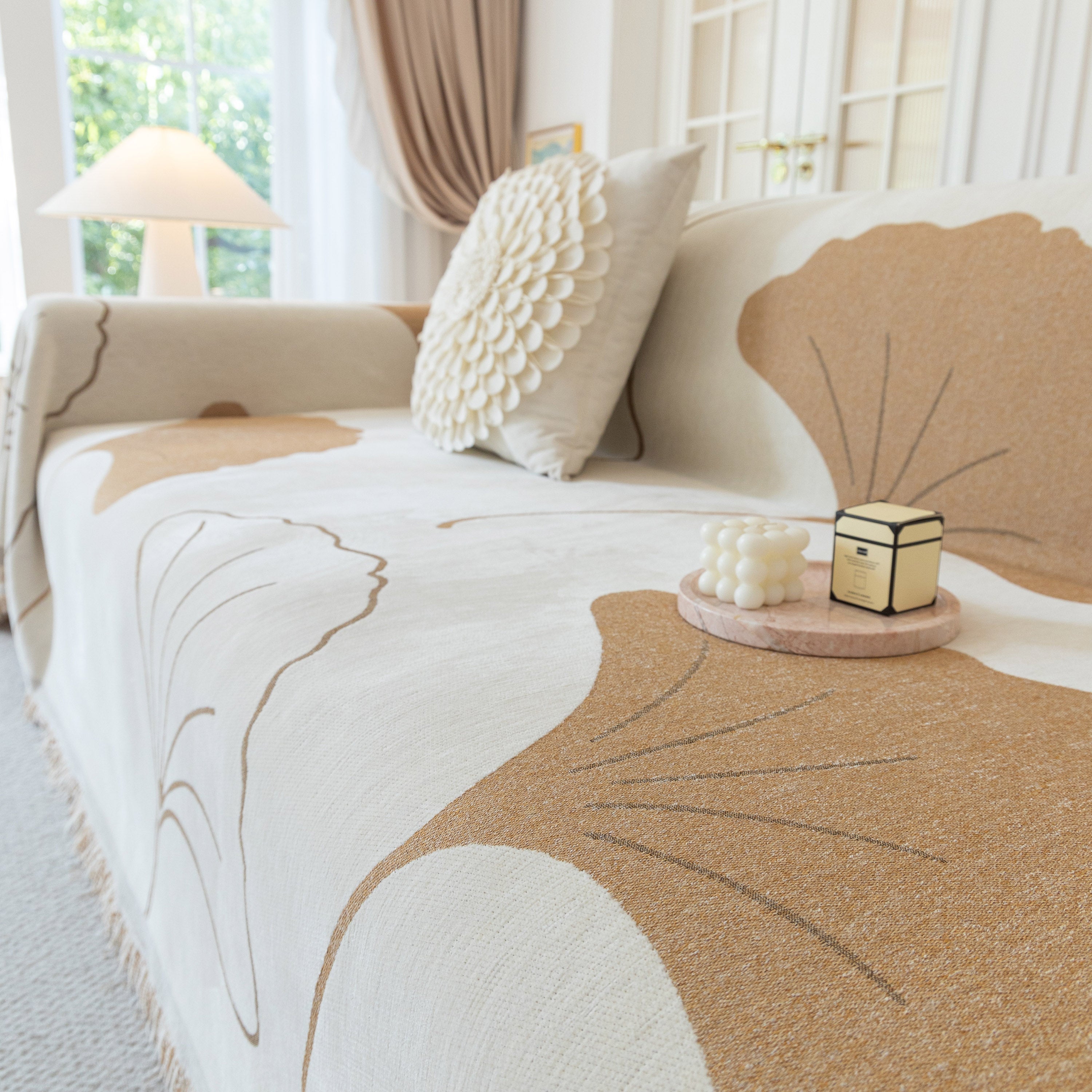 Cozy Couch Throw Blanket With Tassels, Jacquard Leaf Pattern Furniture Protector