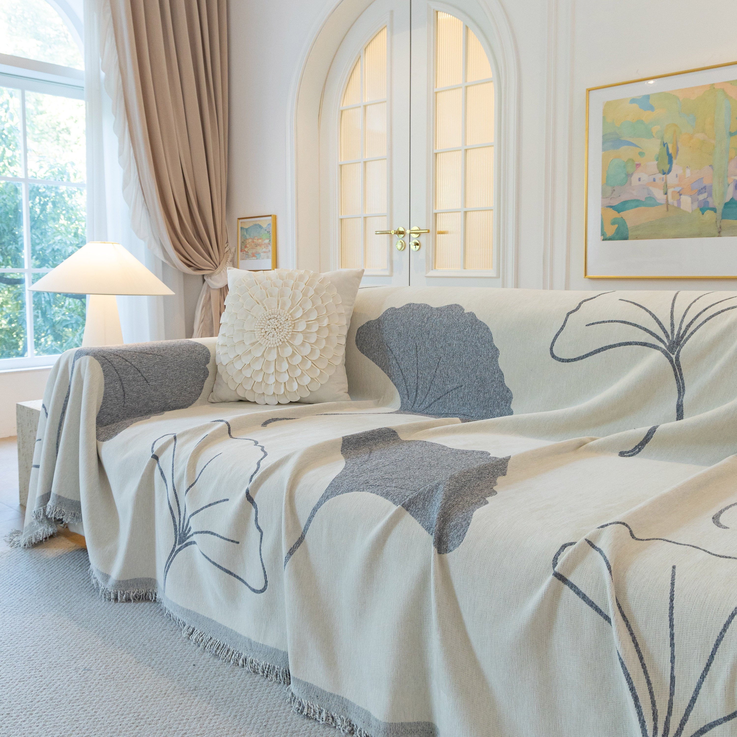 Cozy Couch Throw Blanket With Tassels, Jacquard Leaf Pattern Furniture Protector