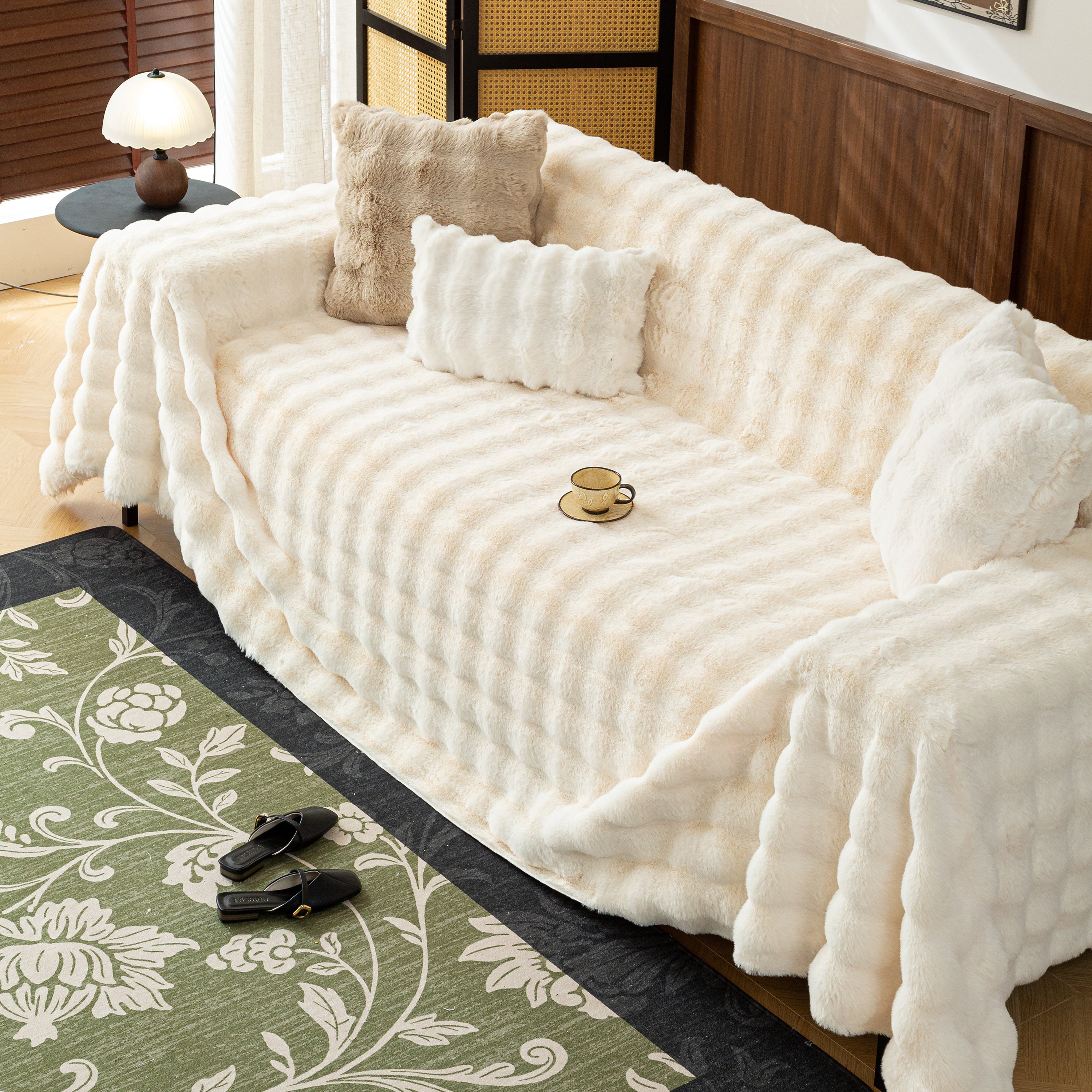 Thick Faux Fur Sofa Cover Fluffy Plush Warm Sofa Slipcover Furniture Protector For Couch Bed