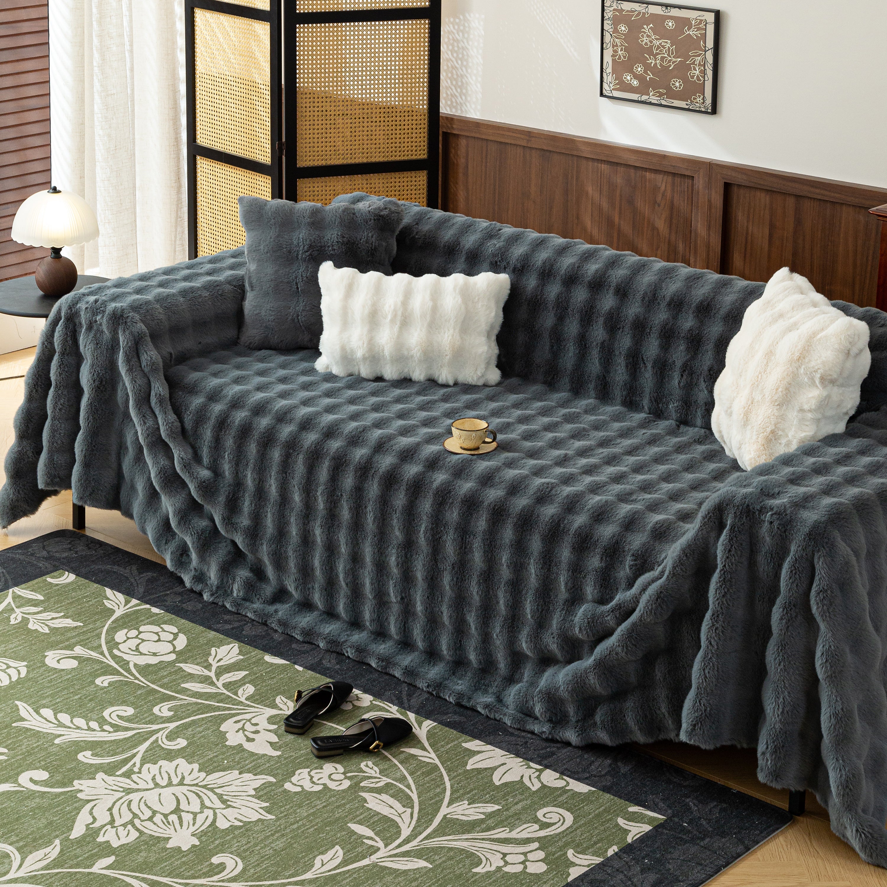 Thick Faux Fur Sofa Cover Fluffy Plush Warm Sofa Slipcover Furniture Protector For Couch Bed