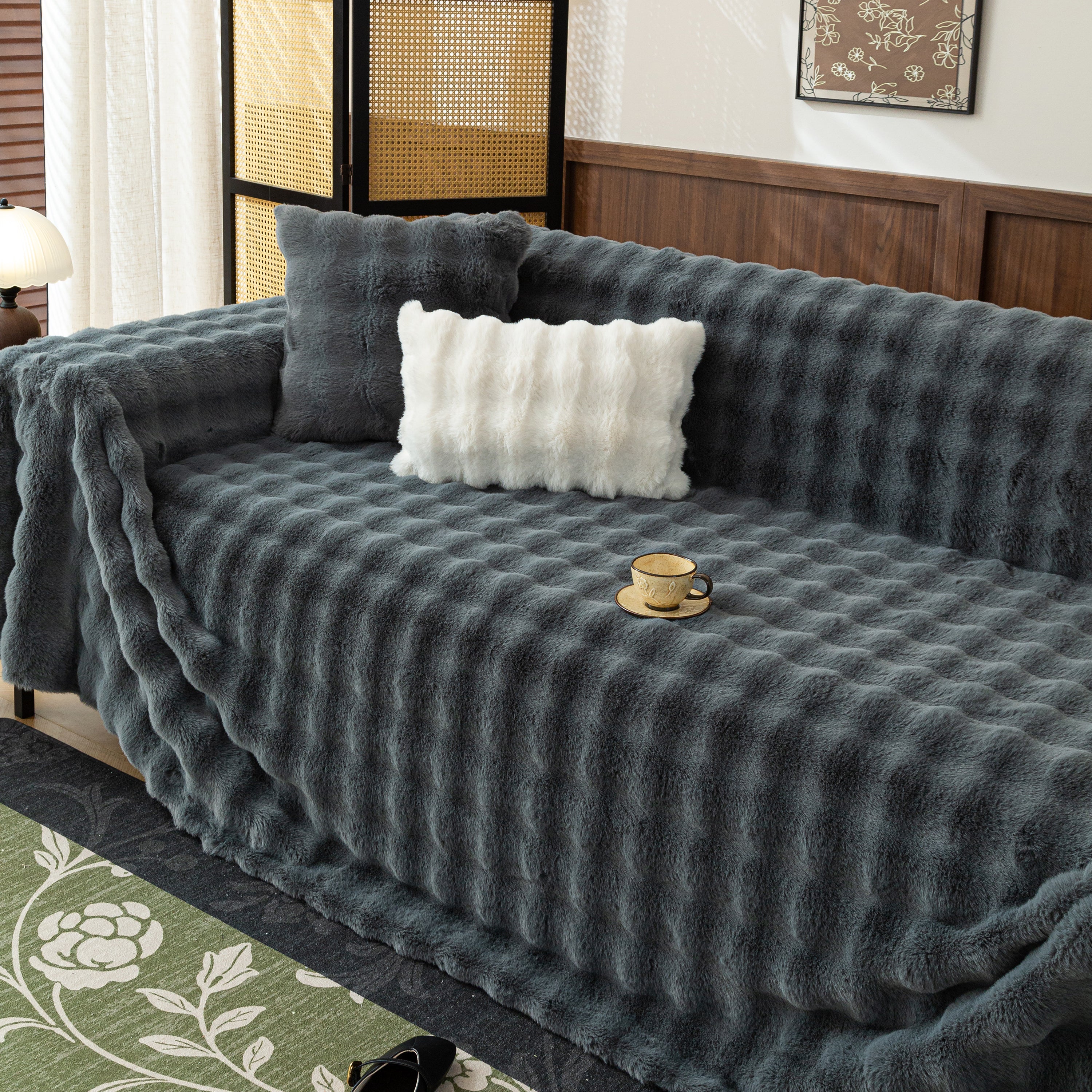 Thick Faux Fur Sofa Cover Fluffy Plush Warm Sofa Slipcover Furniture Protector For Couch Bed