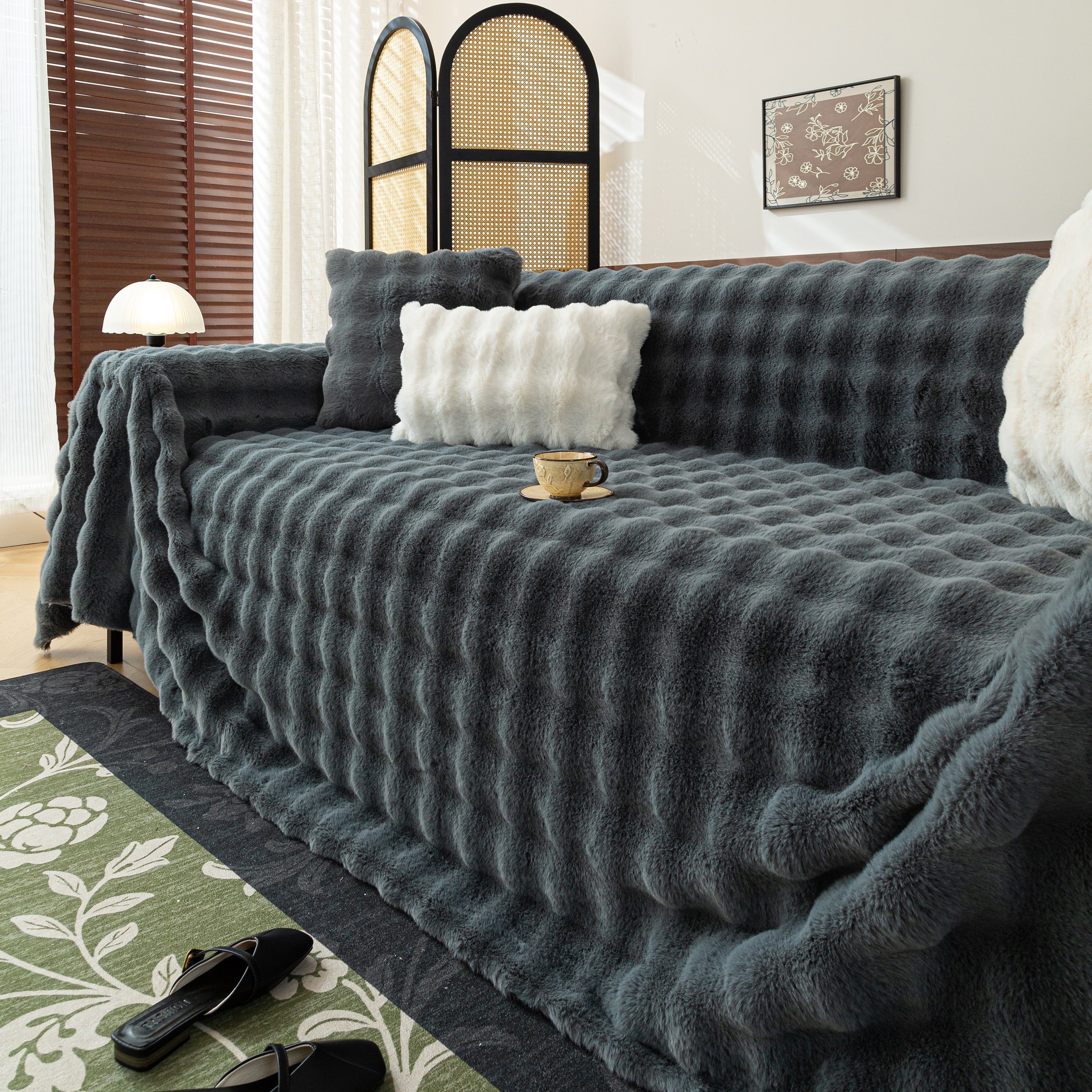 Thick Faux Fur Sofa Cover Fluffy Plush Warm Sofa Slipcover Furniture Protector For Couch Bed