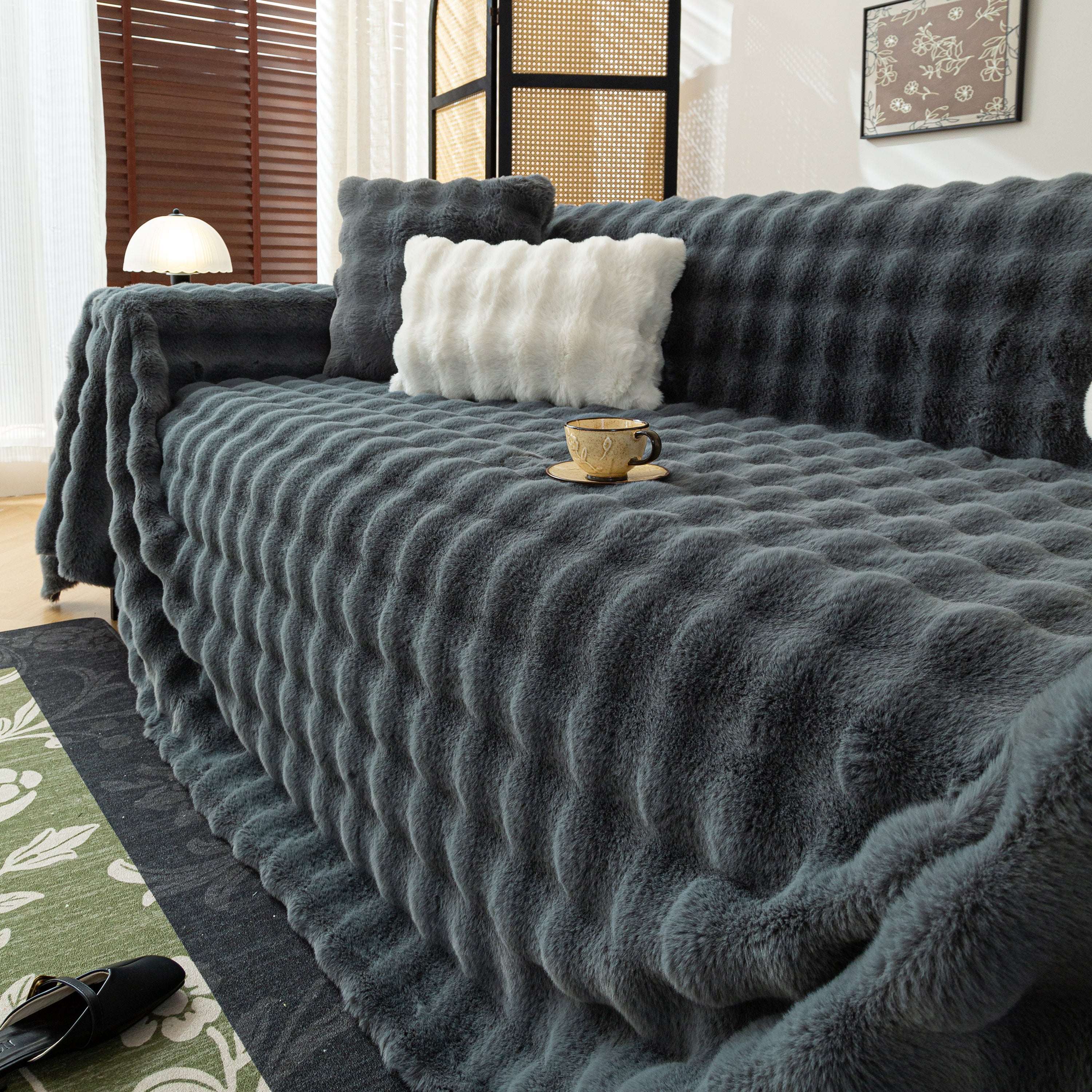 Thick Faux Fur Sofa Cover Fluffy Plush Warm Sofa Slipcover Furniture Protector For Couch Bed