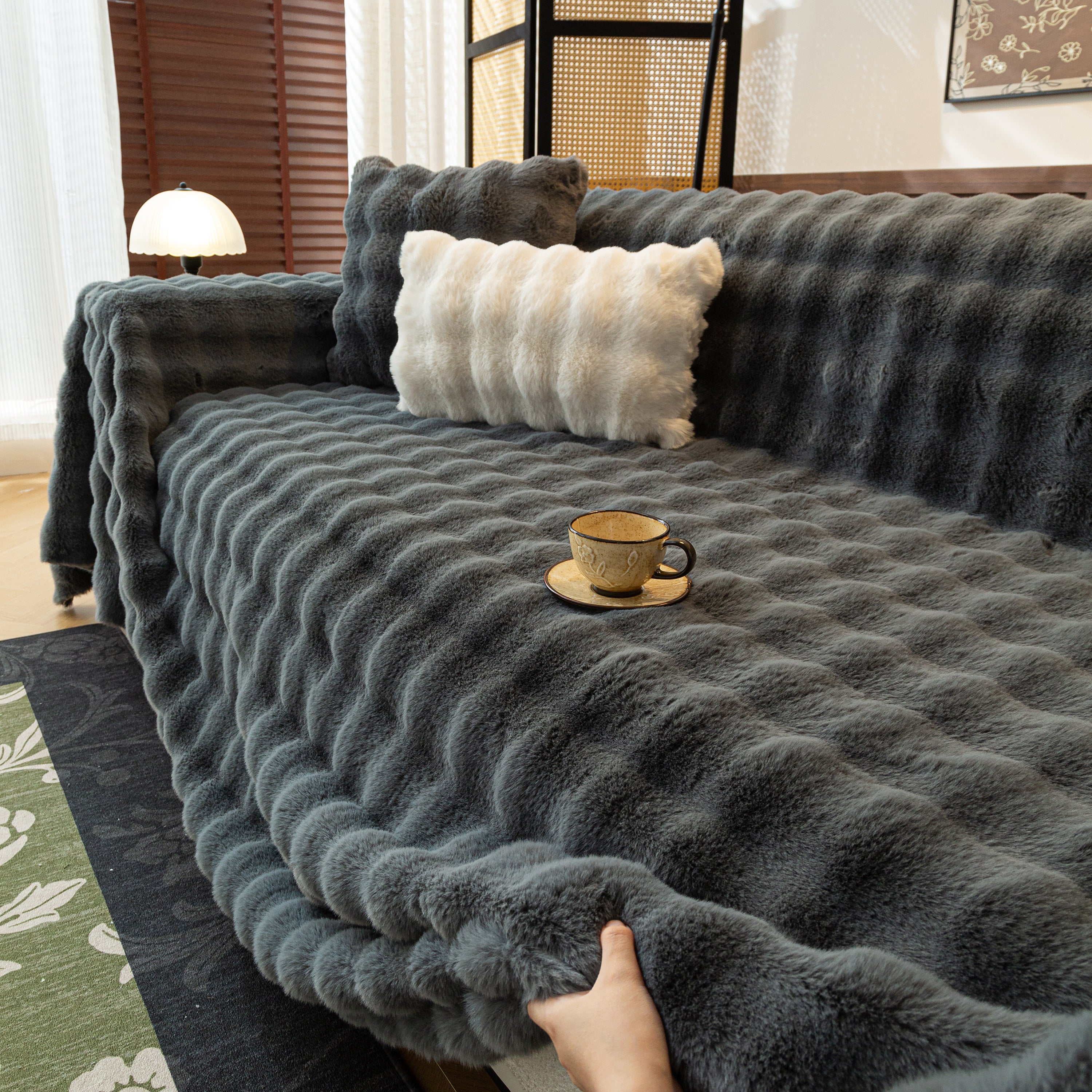 Thick Faux Fur Sofa Cover Fluffy Plush Warm Sofa Slipcover Furniture Protector For Couch Bed