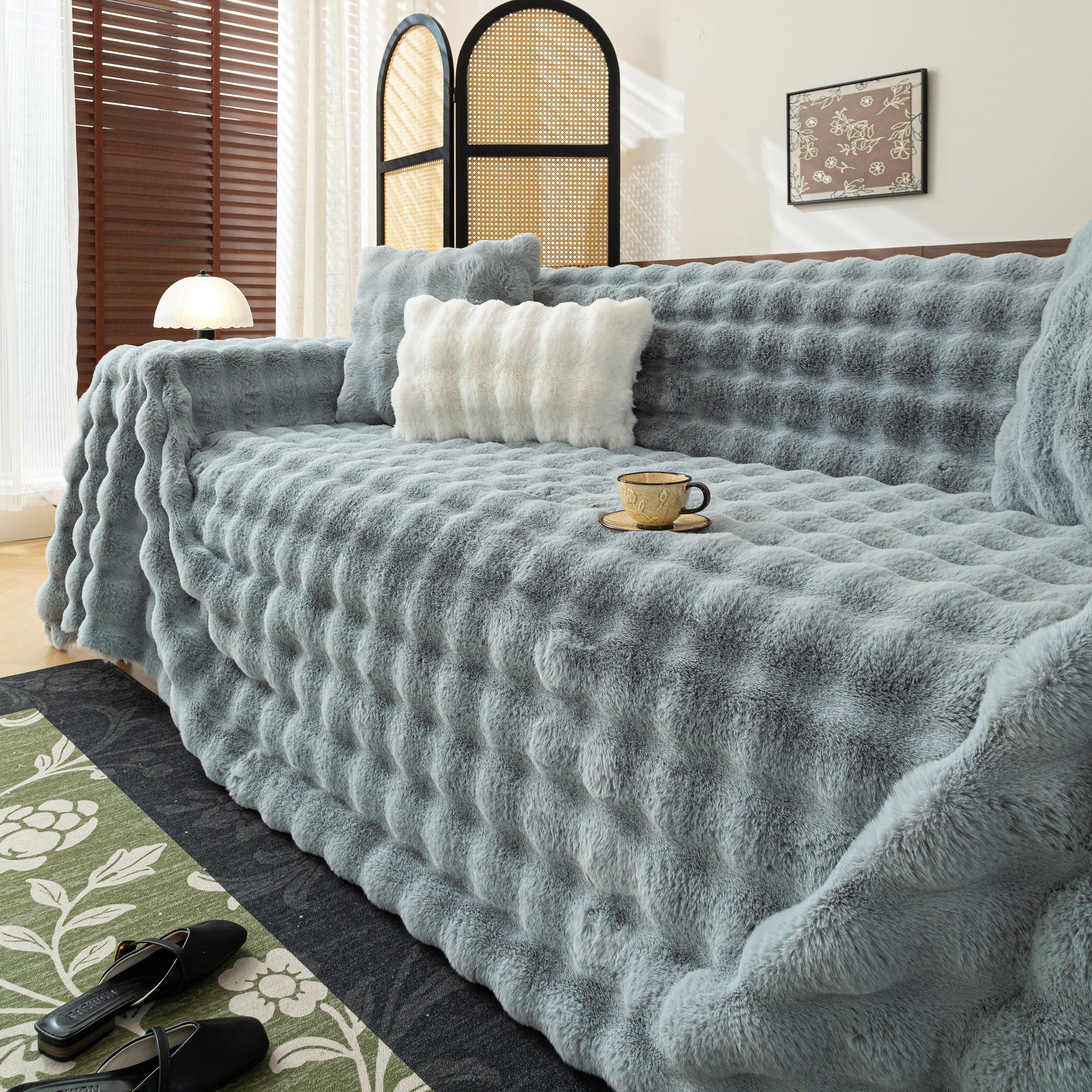 Thick Faux Fur Sofa Cover Fluffy Plush Warm Sofa Slipcover Furniture Protector For Couch Bed