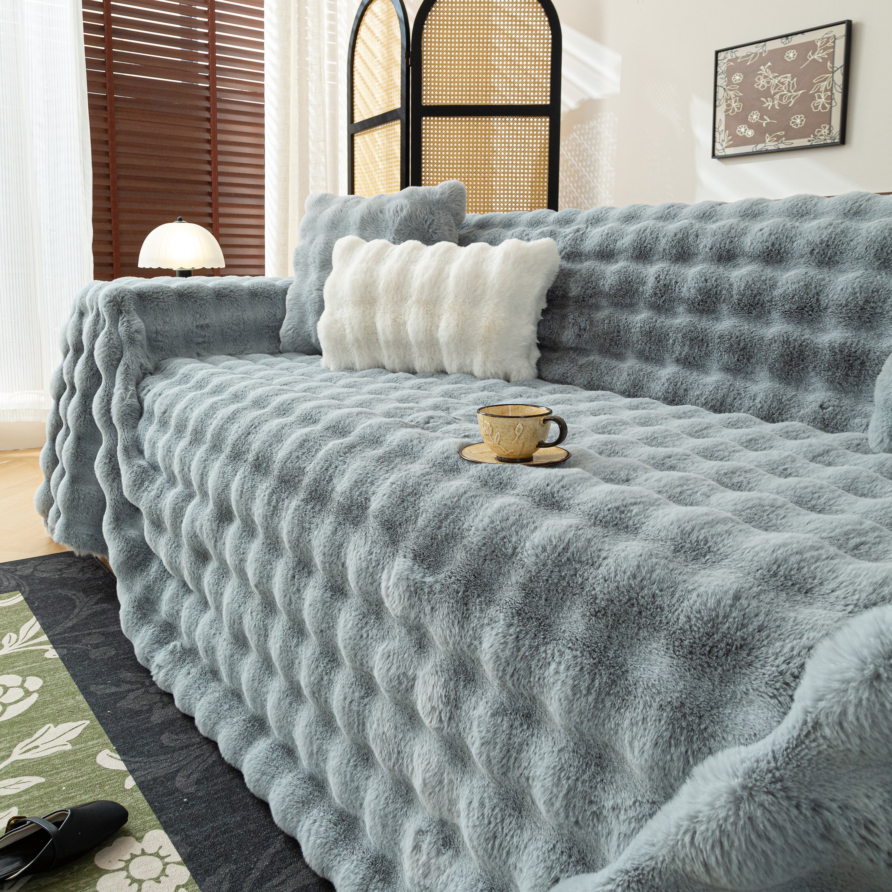 Thick Faux Fur Sofa Cover Fluffy Plush Warm Sofa Slipcover Furniture Protector For Couch Bed