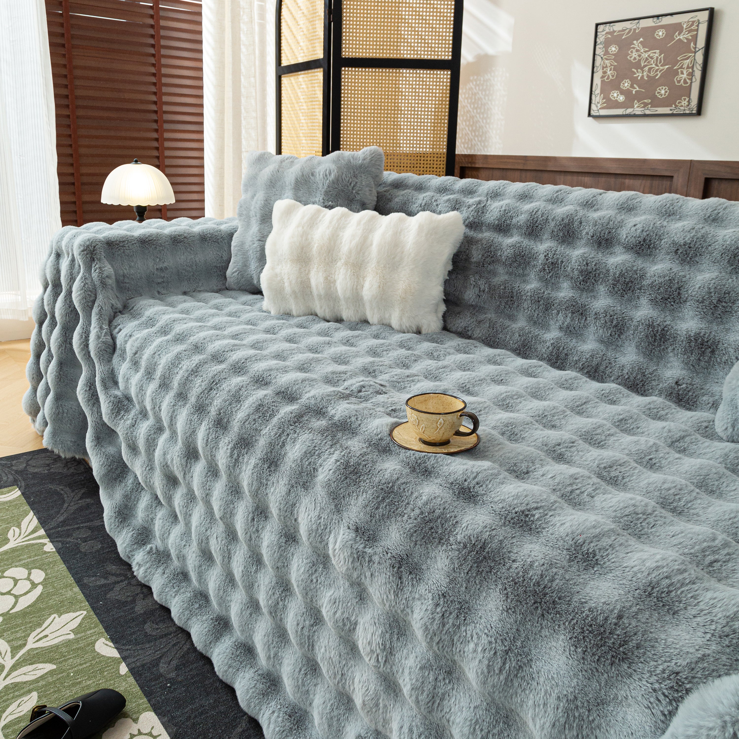 Thick Faux Fur Sofa Cover Fluffy Plush Warm Sofa Slipcover Furniture Protector For Couch Bed