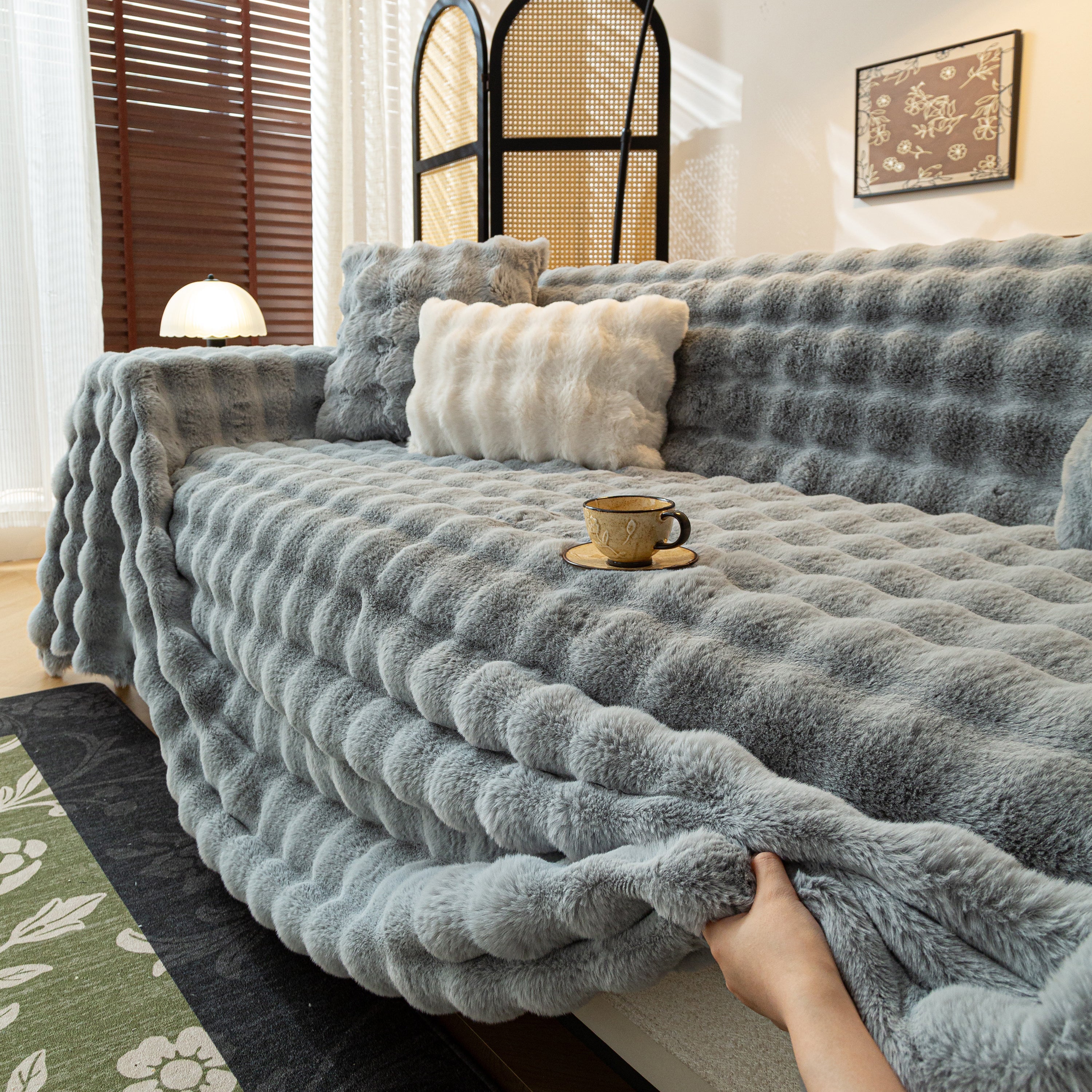 Thick Faux Fur Sofa Cover Fluffy Plush Warm Sofa Slipcover Furniture Protector For Couch Bed