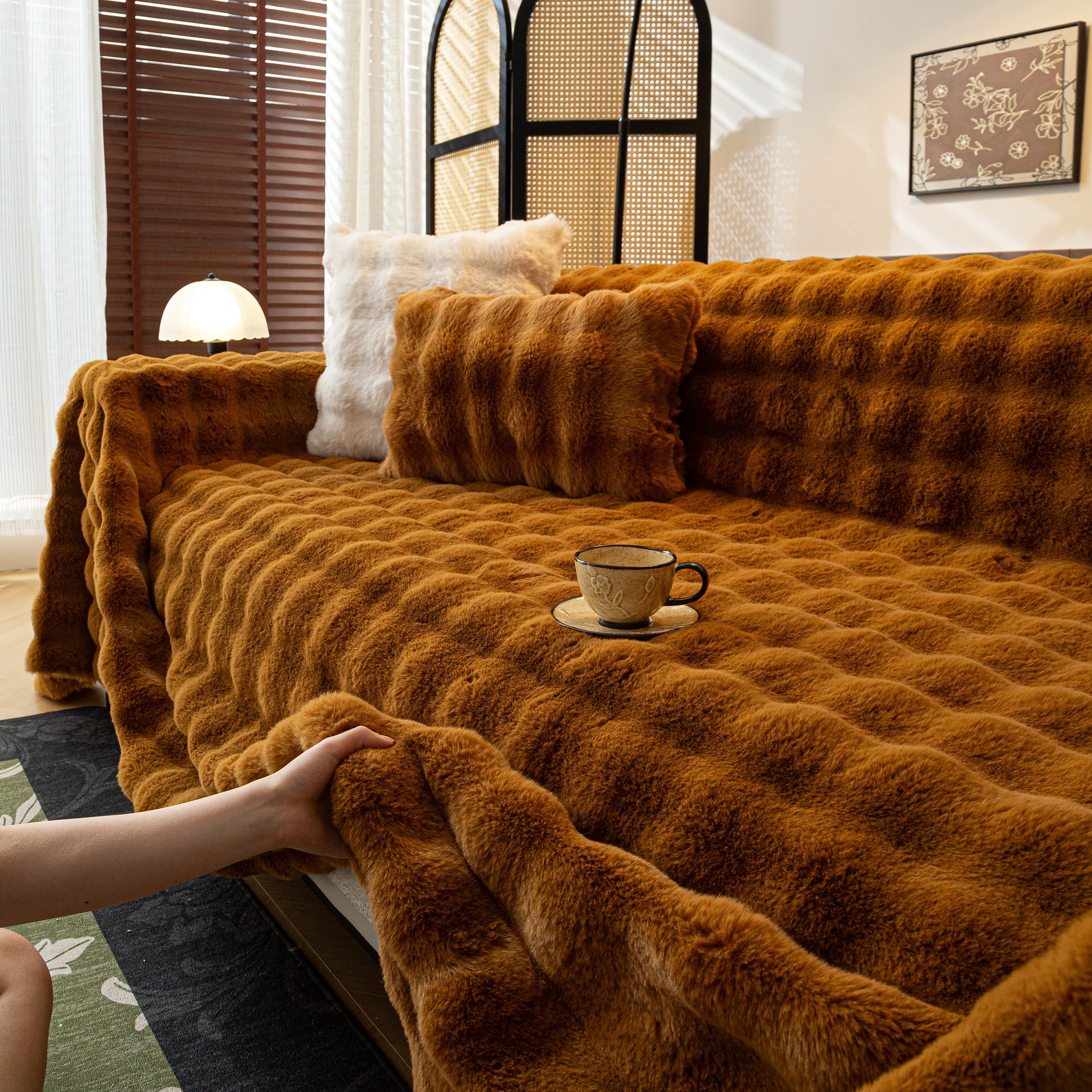 Thick Faux Fur Sofa Cover Fluffy Plush Warm Sofa Slipcover Furniture Protector For Couch Bed