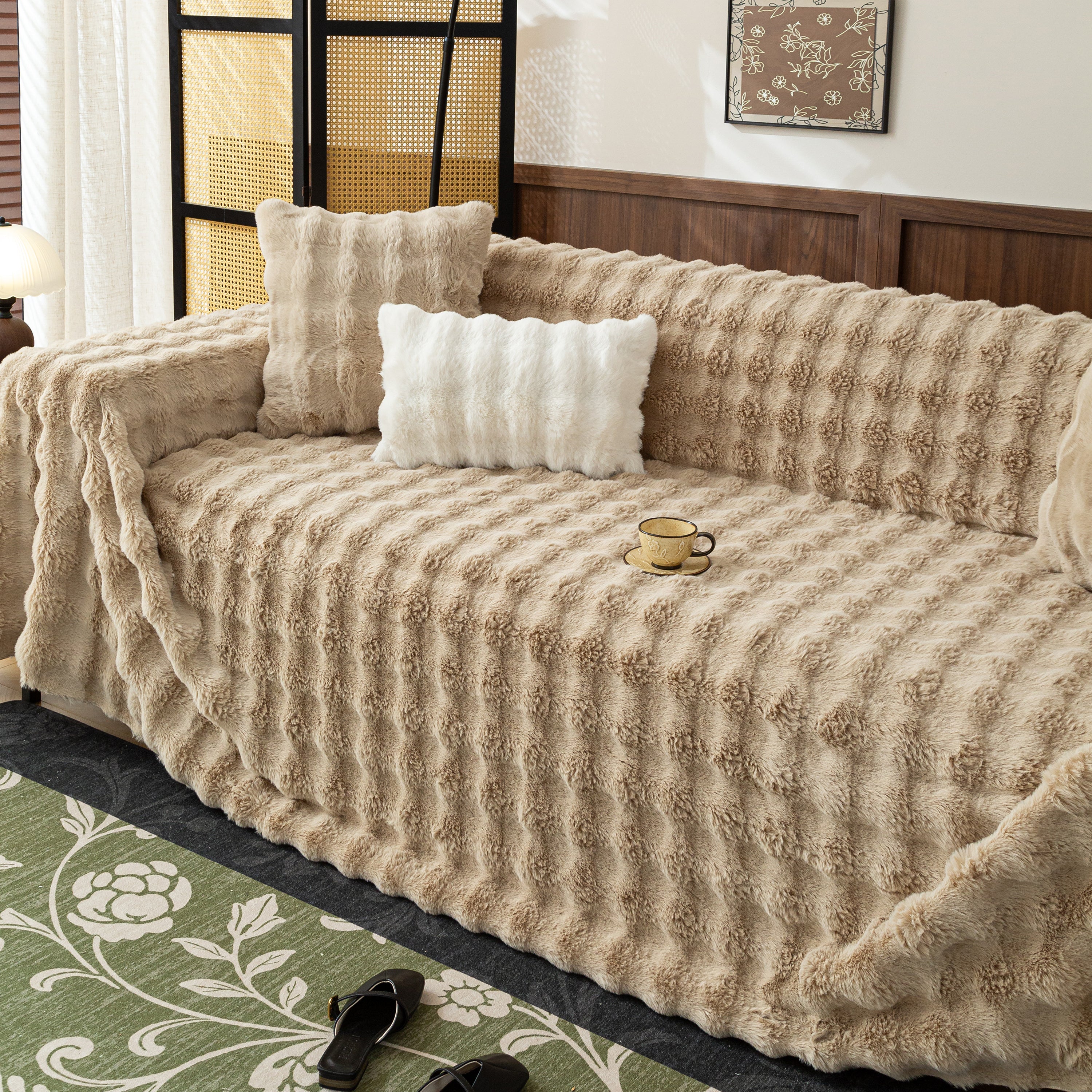 Thick Faux Fur Sofa Cover Fluffy Plush Warm Sofa Slipcover Furniture Protector For Couch Bed