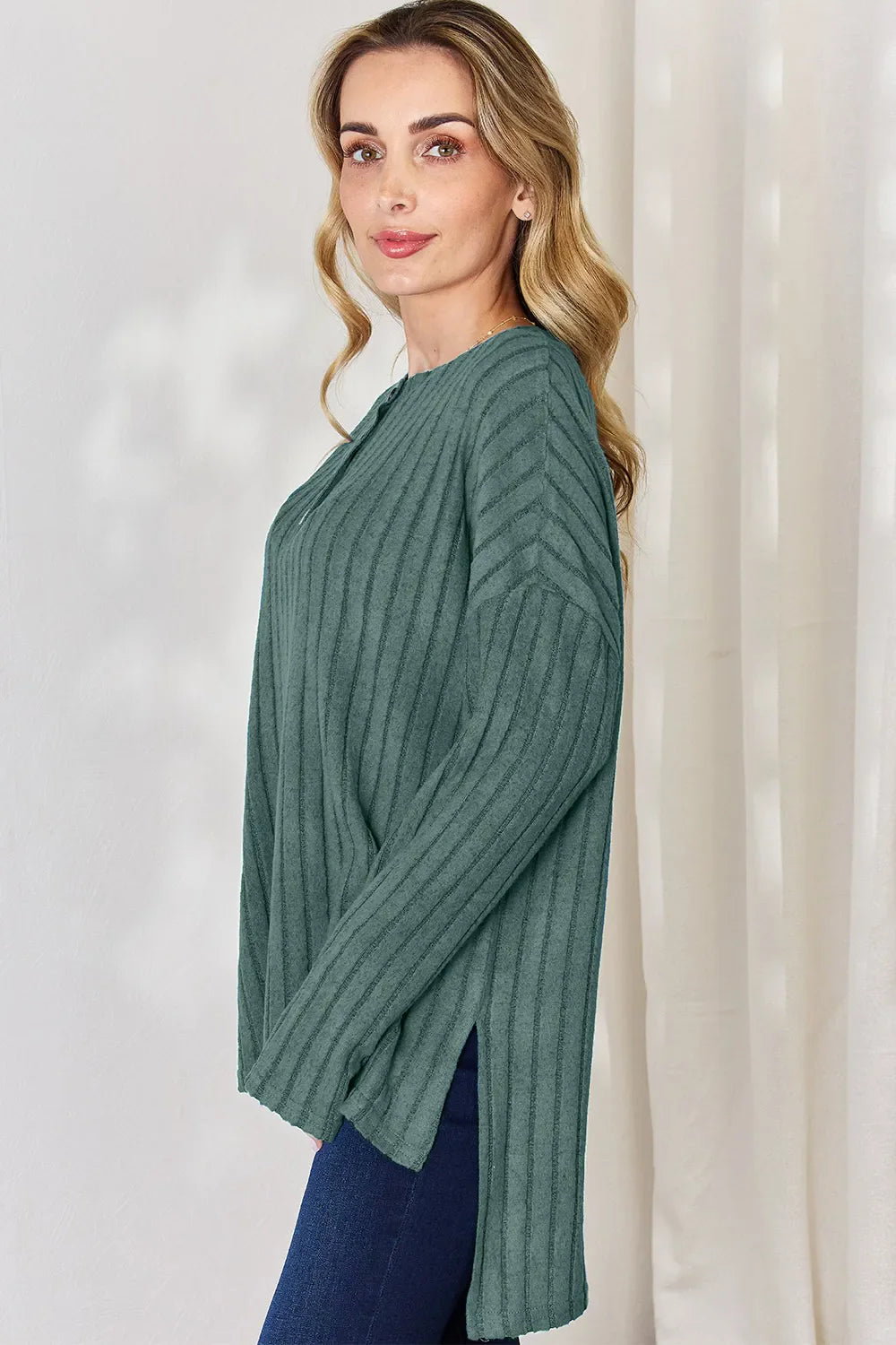 Basic Bae Full Size Ribbed Half Button Long Sleeve High-low Knit Top | Includes Plus Size