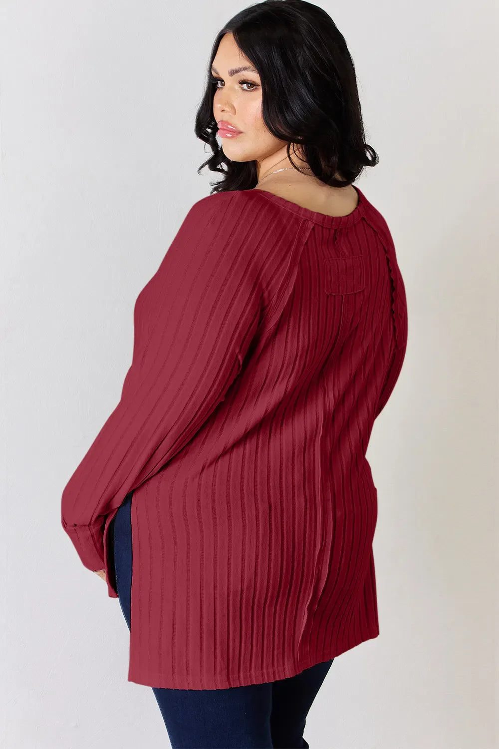 Basic Bae Full Size Ribbed Round Neck Slit Knit Top | Includes Plus Size