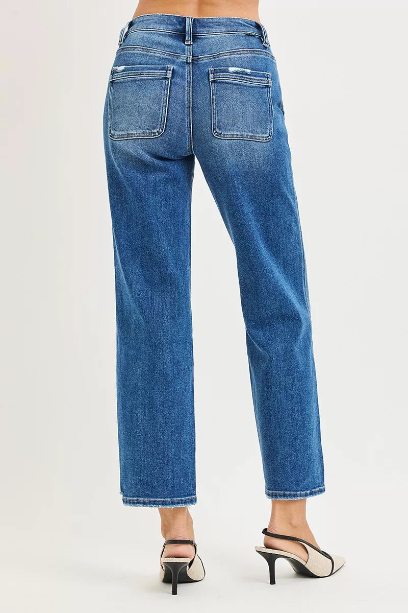 Risen High Rise Ankle Straight Distressed Hem Detail Jeans