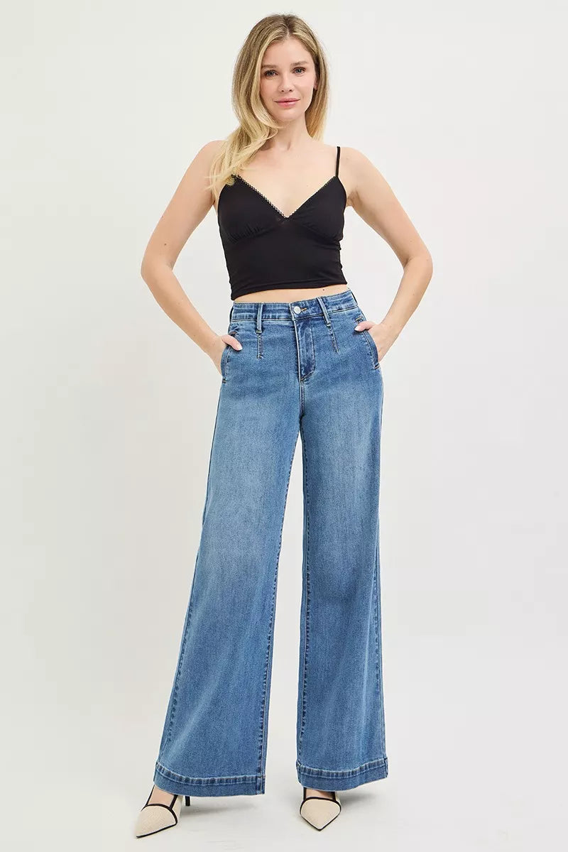 Risen Tummy Control Elastic Band High Rise Wide Jeans