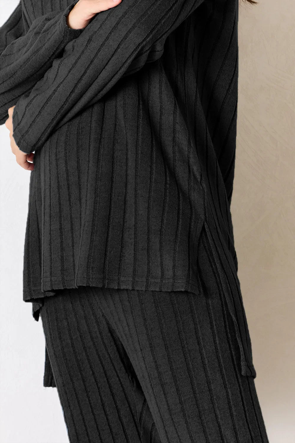 Basic Bae Full Size Ribbed Round Neck High-low Slit Top And Pants Set